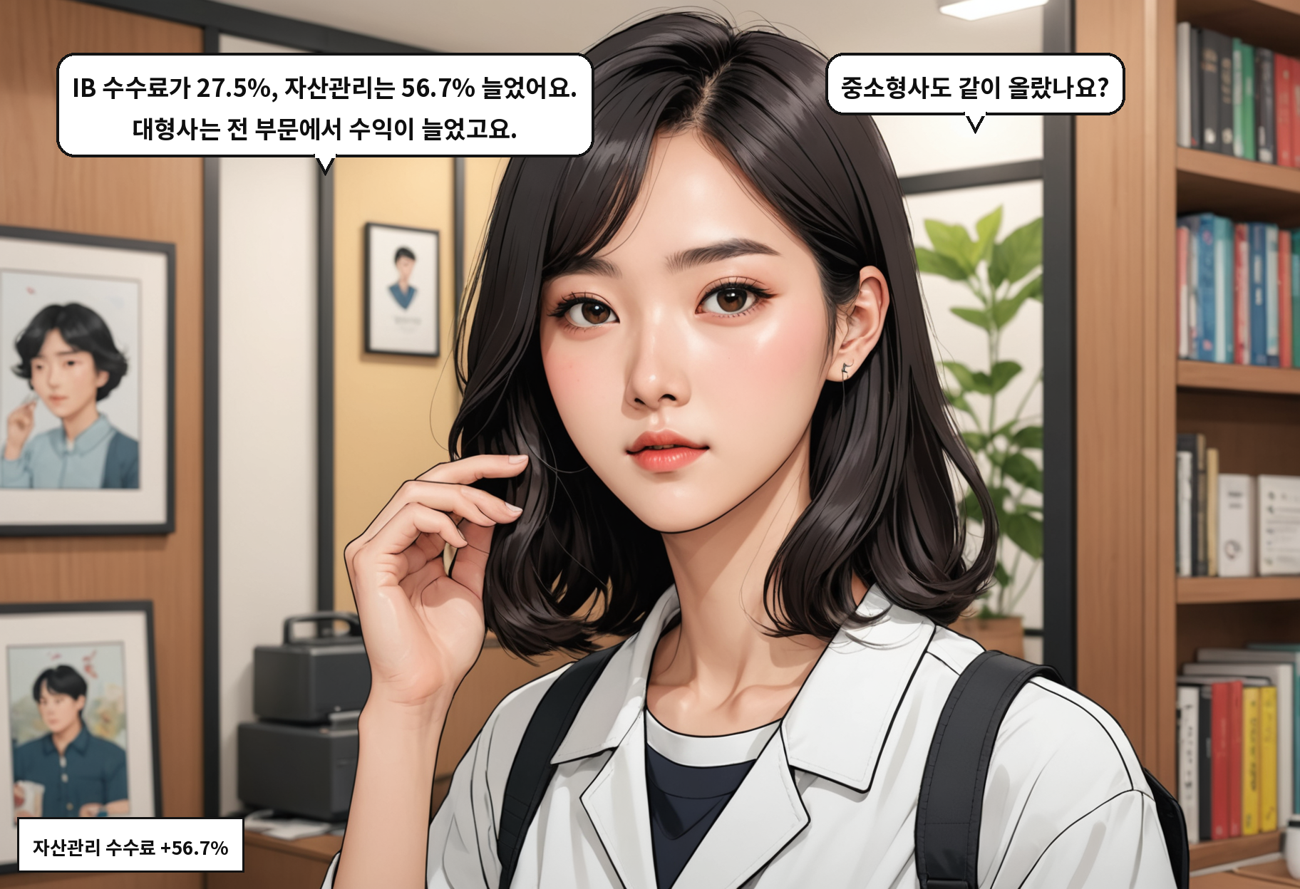 A: IB 수수료가 27.5%, 자산관리는 56.7% 늘었어요. 대형사는 전 부문에서 수익이 늘었고요. B: 중소형사도 같이 올랐나요?