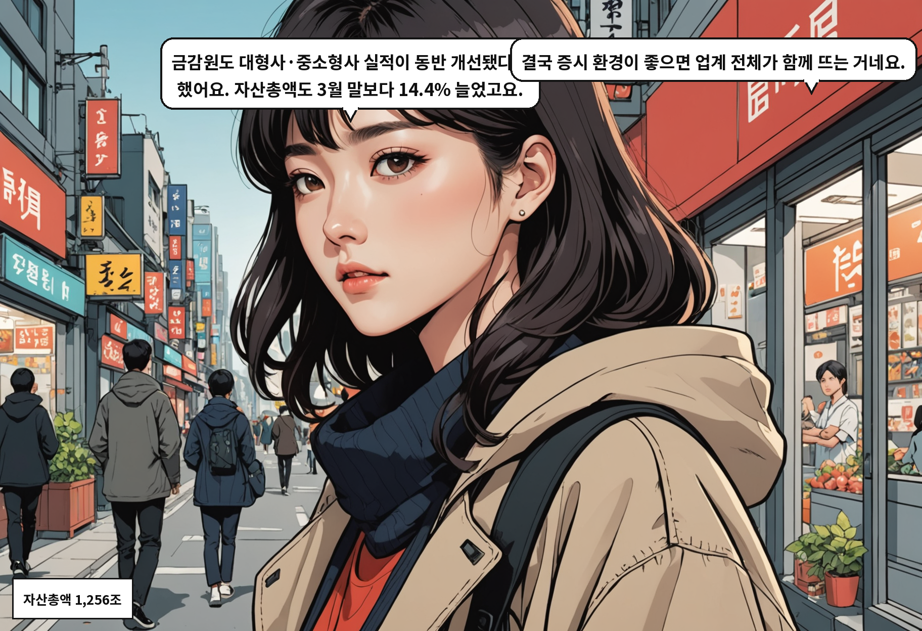 A: 금감원도 대형사·중소형사 실적이 동반 개선됐다고 했어요. 자산총액도 3월 말보다 14.4% 늘었고요. B: 결국 증시 환경이 좋으면 업계 전체가 함께 뜨는 거네요.