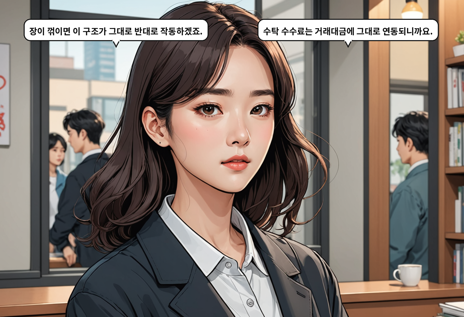 B: 장이 꺾이면 이 구조가 그대로 반대로 작동하겠죠. A: 수탁 수수료는 거래대금에 그대로 연동되니까요.