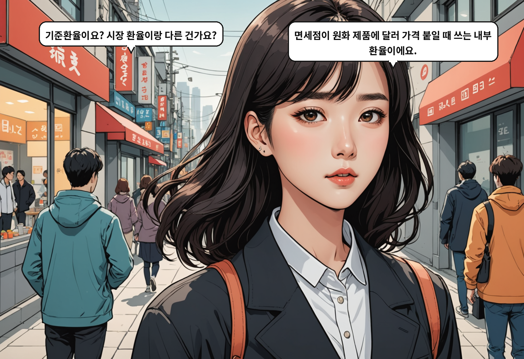 B: 기준환율이요? 시장 환율이랑 다른 건가요? A: 면세점이 원화 제품에 달러 가격 붙일 때 쓰는 내부 환율이에요.