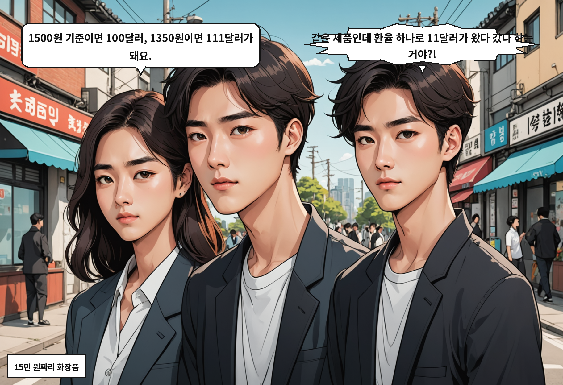 A: 1500원 기준이면 100달러, 1350원이면 111달러가 돼요. B: 같은 제품인데 환율 하나로 11달러가 왔다 갔다 하는 거야?!