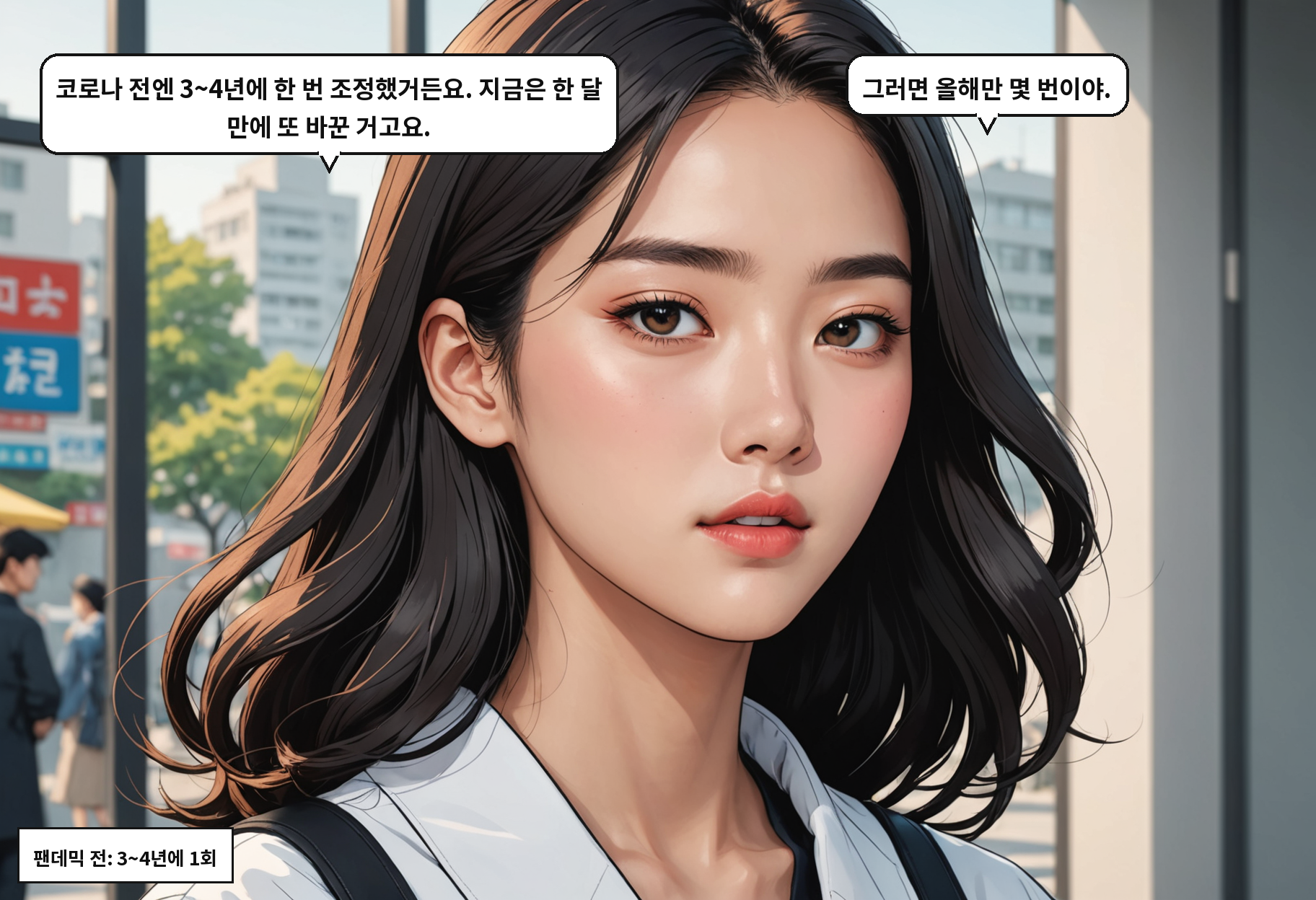 A: 코로나 전엔 3~4년에 한 번 조정했거든요. 지금은 한 달 만에 또 바꾼 거고요. B: 그러면 올해만 몇 번이야.