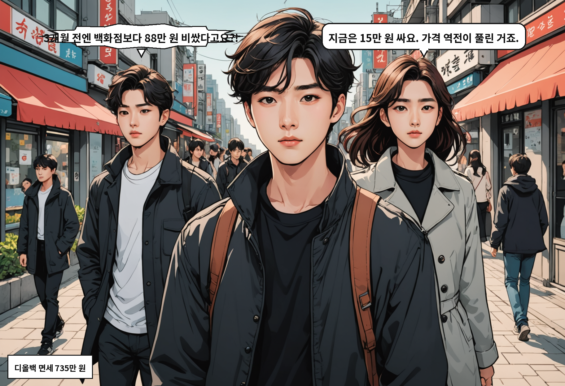 B: 3개월 전엔 백화점보다 88만 원 비쌌다고요?! A: 지금은 15만 원 싸요. 가격 역전이 풀린 거죠.