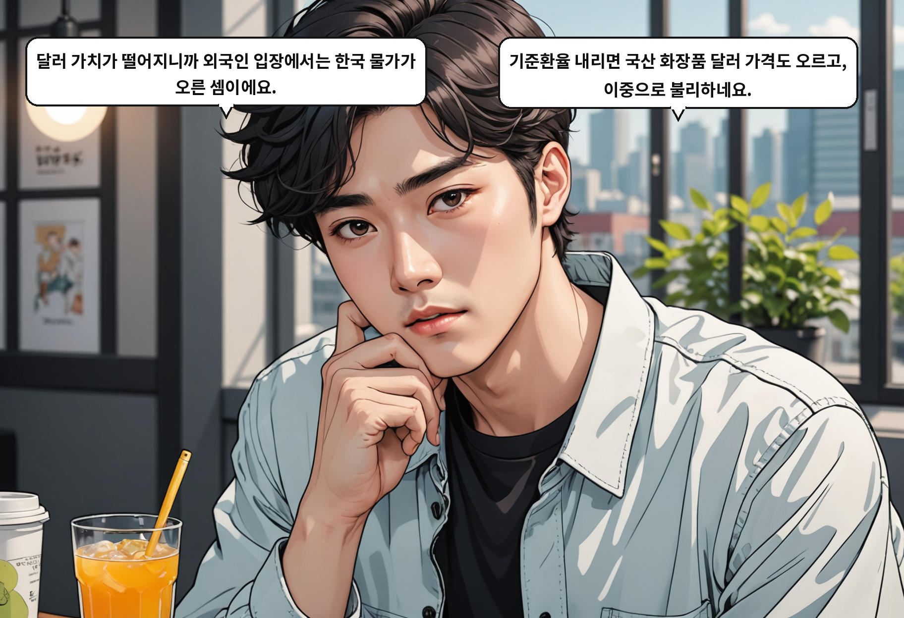 A: 달러 가치가 떨어지니까 외국인 입장에서는 한국 물가가 오른 셈이에요. B: 기준환율 내리면 국산 화장품 달러 가격도 오르고, 이중으로 불리하네요.