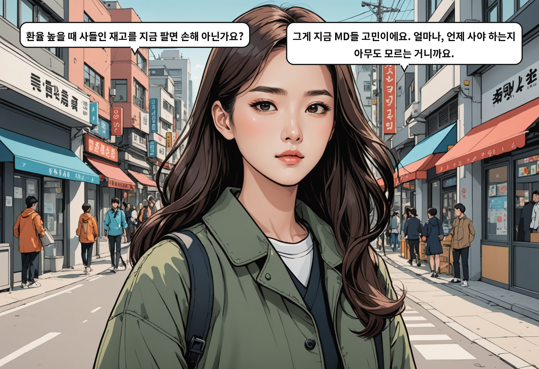 B: 환율 높을 때 사들인 재고를 지금 팔면 손해 아닌가요? A: 그게 지금 MD들 고민이에요. 얼마나, 언제 사야 하는지 아무도 모르는 거니까요.