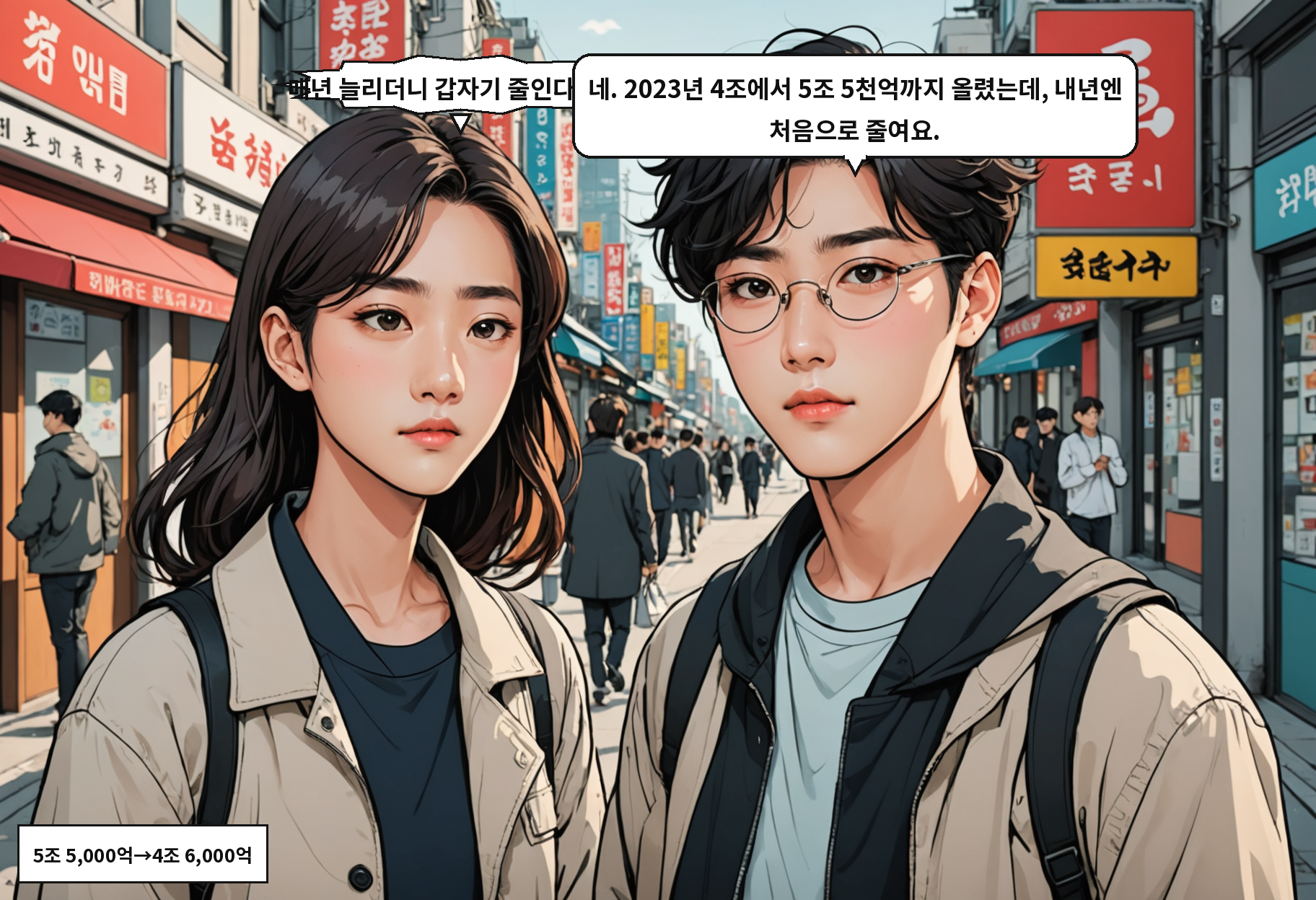 B: 매년 늘리더니 갑자기 줄인다고요? A: 네. 2023년 4조에서 5조 5천억까지 올렸는데, 내년엔 처음으로 줄여요.