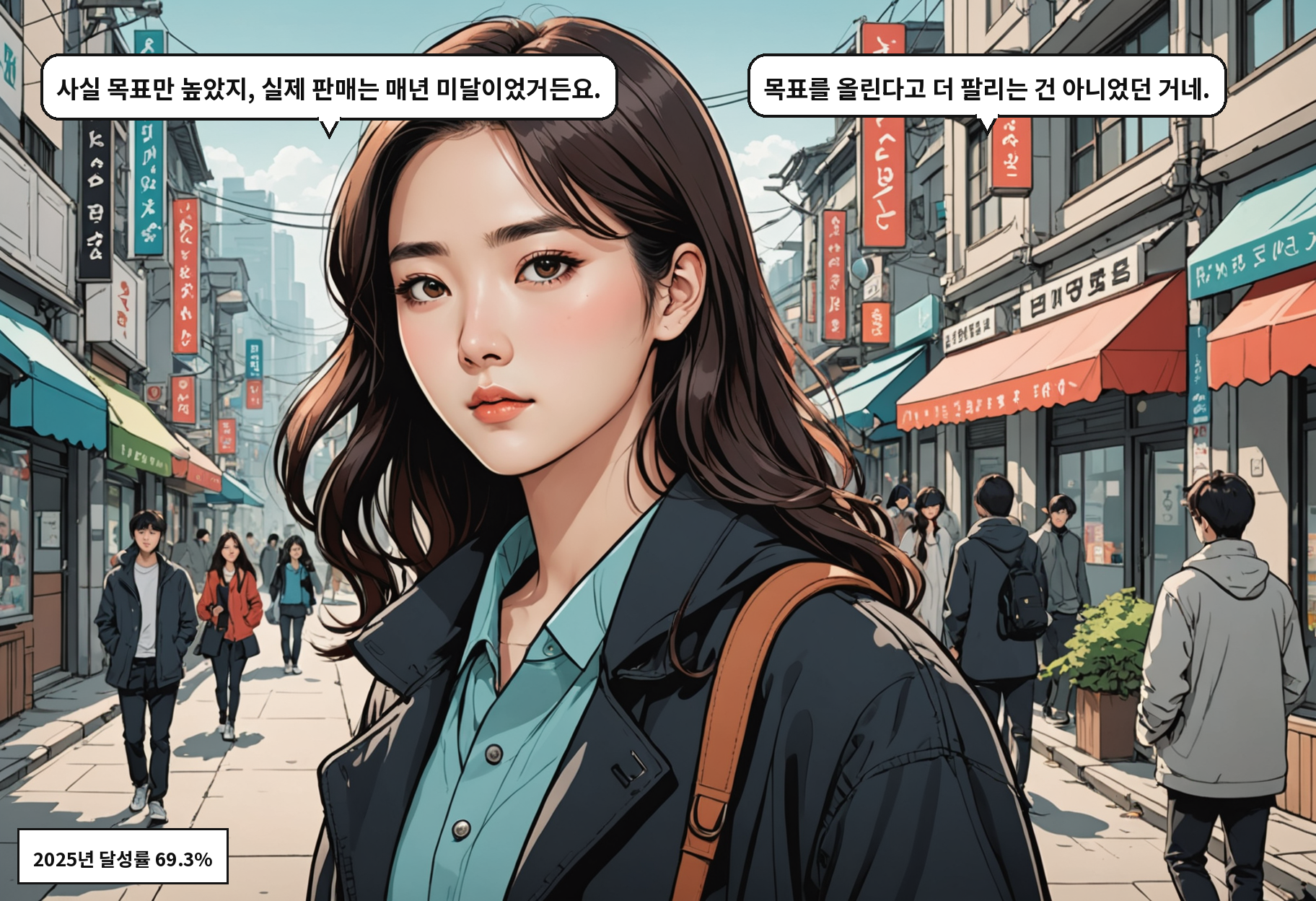 A: 사실 목표만 높았지, 실제 판매는 매년 미달이었거든요. B: 목표를 올린다고 더 팔리는 건 아니었던 거네.