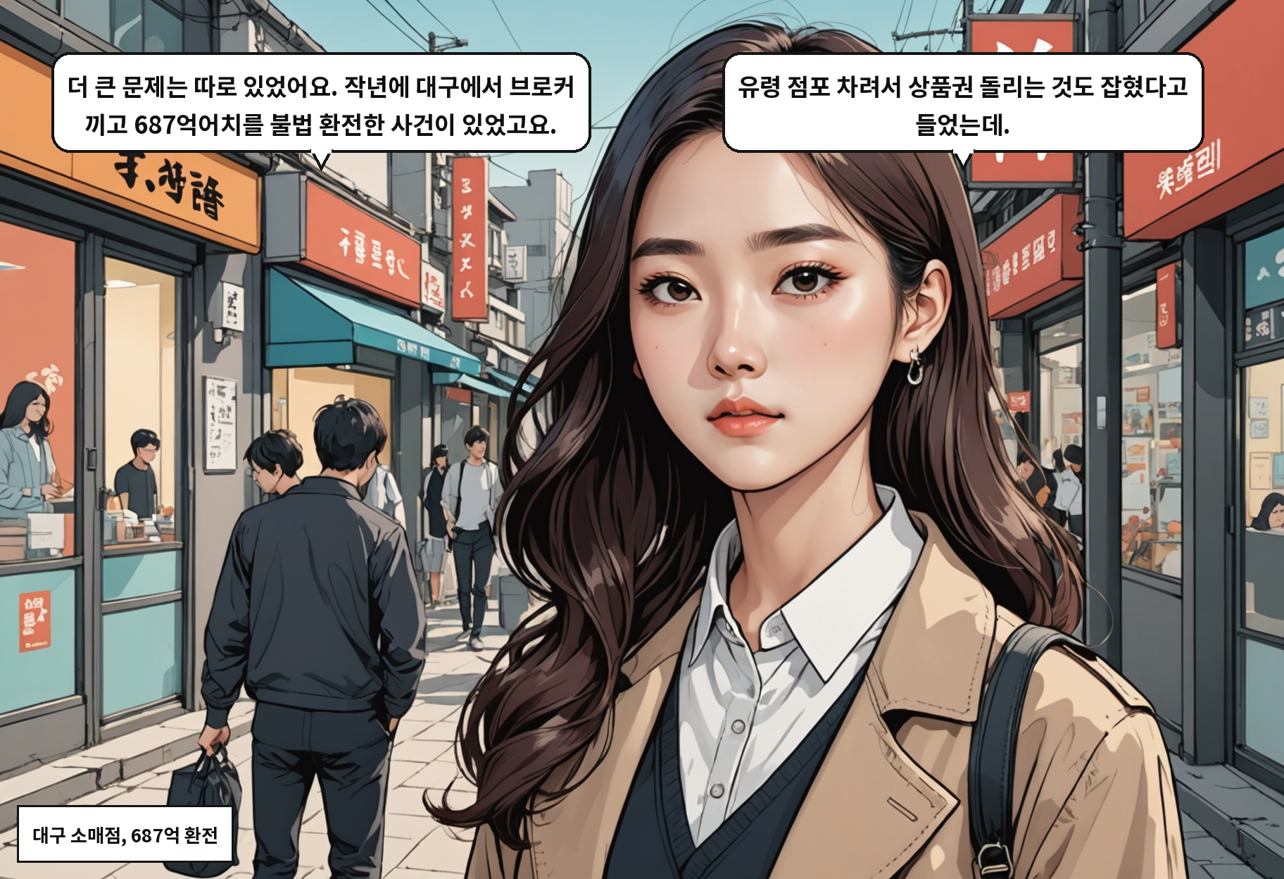 A: 더 큰 문제는 따로 있었어요. 작년에 대구에서 브로커 끼고 687억어치를 불법 환전한 사건이 있었고요. B: 유령 점포 차려서 상품권 돌리는 것도 잡혔다고 들었는데.
