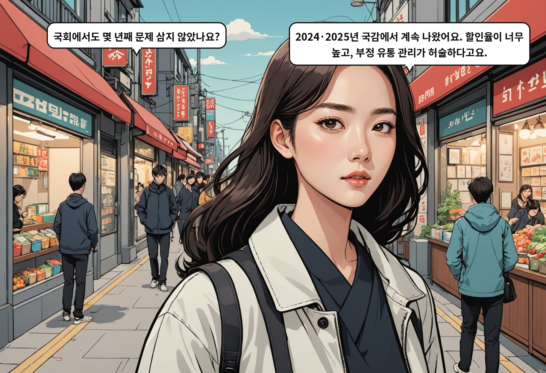 B: 국회에서도 몇 년째 문제 삼지 않았나요? A: 2024·2025년 국감에서 계속 나왔어요. 할인율이 너무 높고, 부정 유통 관리가 허술하다고요.