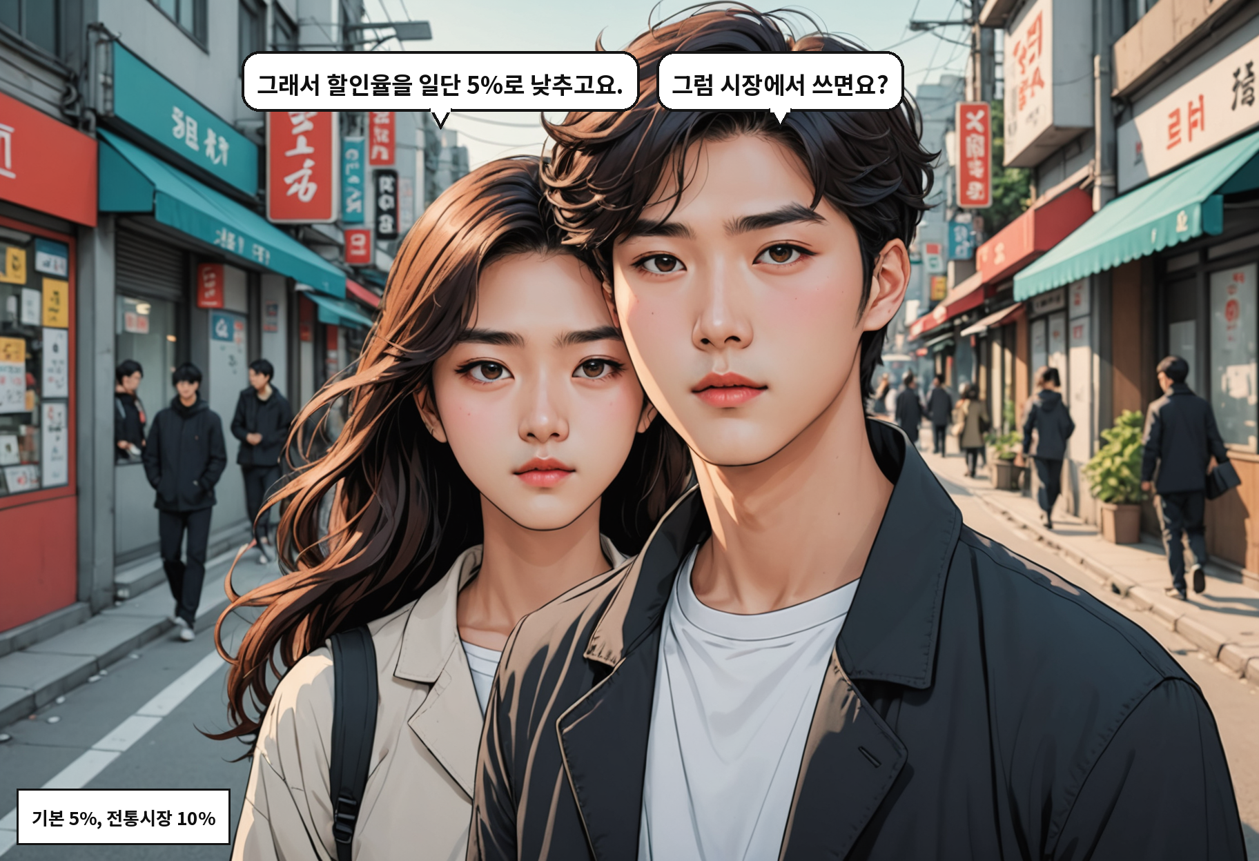 A: 그래서 할인율을 일단 5%로 낮추고요. B: 그럼 시장에서 쓰면요?