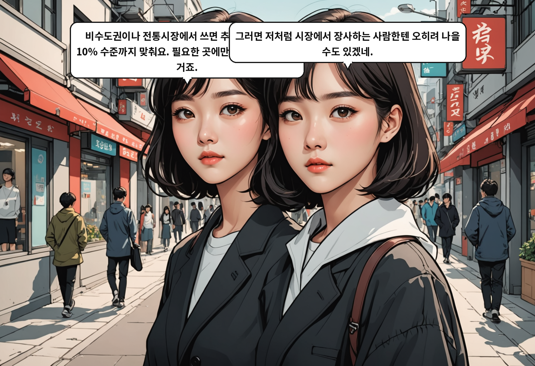 A: 비수도권이나 전통시장에서 쓰면 추가 환급을 줘서 10% 수준까지 맞춰요. 필요한 곳에만 혜택을 몰아주는 거죠. B: 그러면 저처럼 시장에서 장사하는 사람한텐 오히려 나을 수도 있겠네.
