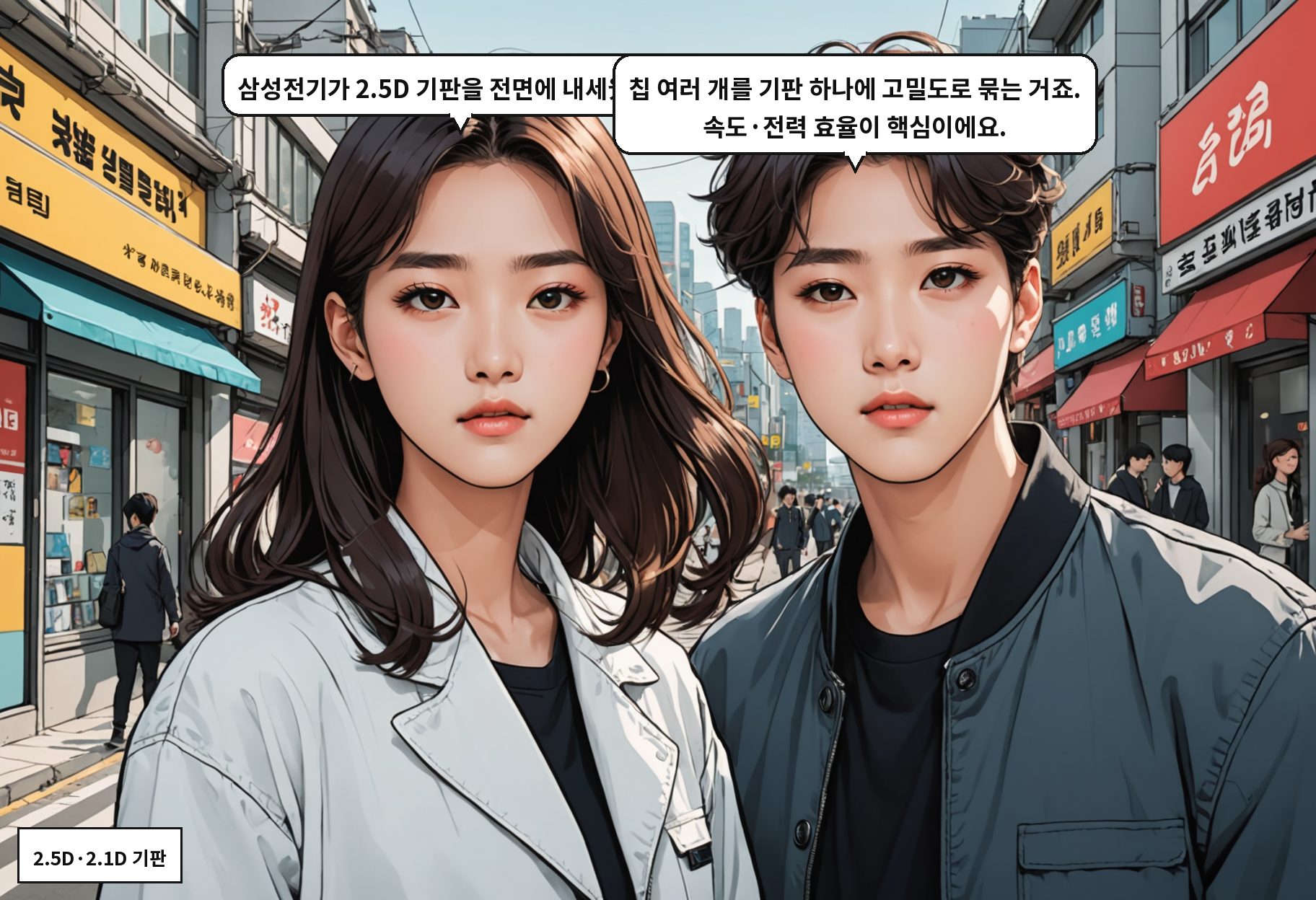A: 삼성전기가 2.5D 기판을 전면에 내세웠어요. B: 칩 여러 개를 기판 하나에 고밀도로 묶는 거죠. 속도·전력 효율이 핵심이에요.