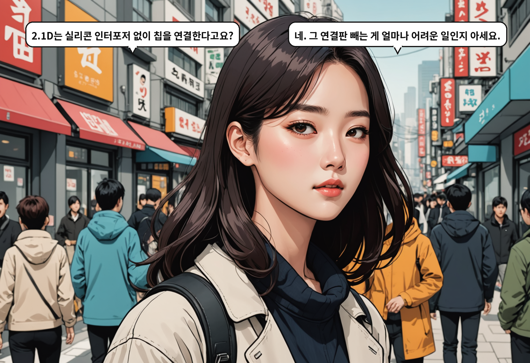 A: 2.1D는 실리콘 인터포저 없이 칩을 연결한다고요? B: 네. 그 연결판 빼는 게 얼마나 어려운 일인지 아세요.