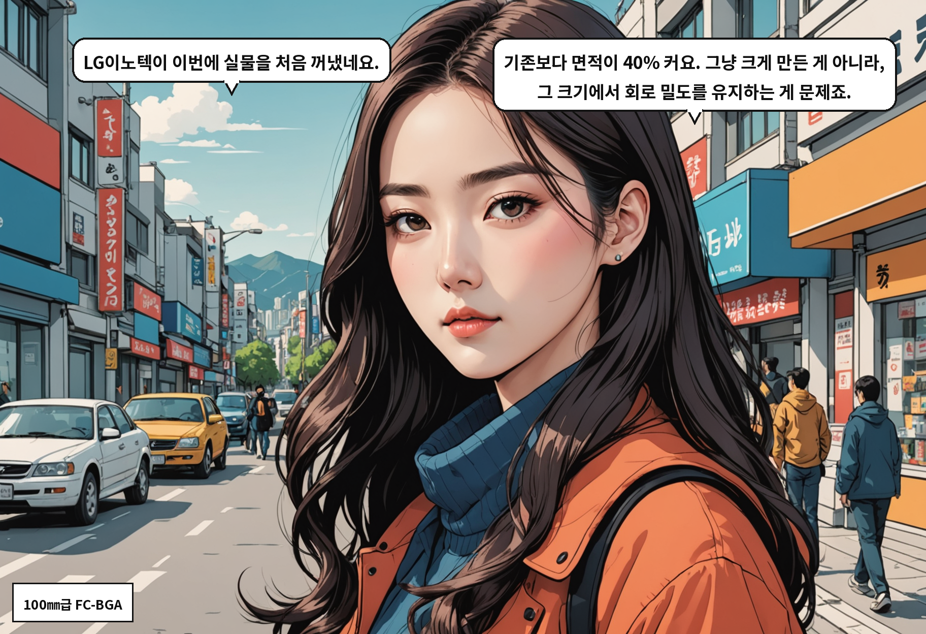 A: LG이노텍이 이번에 실물을 처음 꺼냈네요. B: 기존보다 면적이 40% 커요. 그냥 크게 만든 게 아니라, 그 크기에서 회로 밀도를 유지하는 게 문제죠.