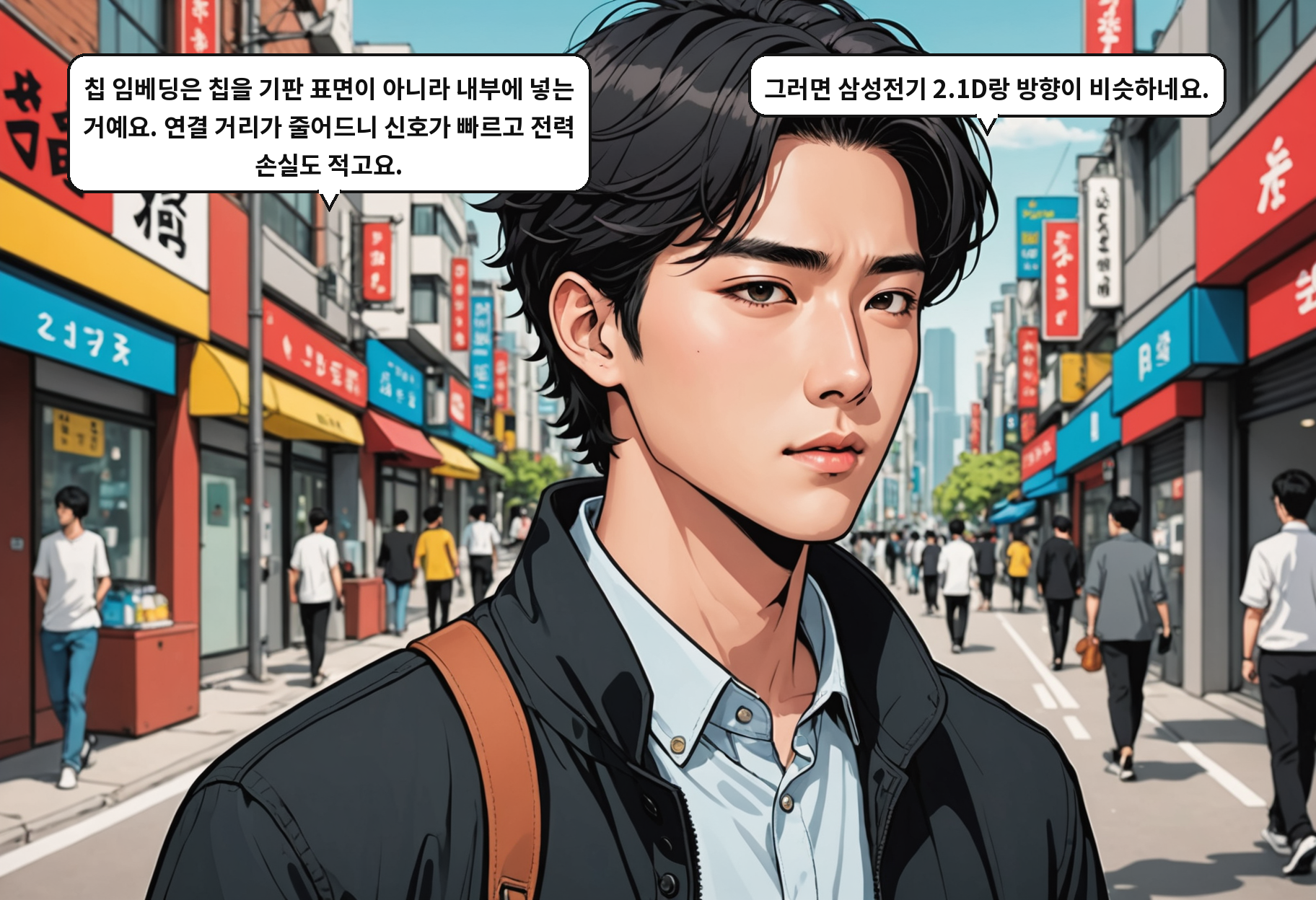 B: 칩 임베딩은 칩을 기판 표면이 아니라 내부에 넣는 거예요. 연결 거리가 줄어드니 신호가 빠르고 전력 손실도 적고요. A: 그러면 삼성전기 2.1D랑 방향이 비슷하네요.