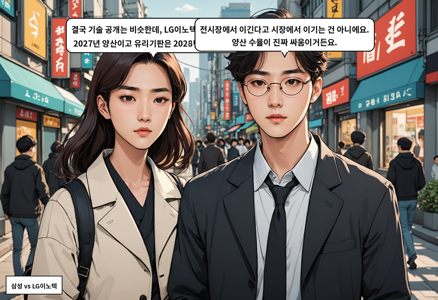 A: 결국 기술 공개는 비슷한데, LG이노텍 FC-BGA는 2027년 양산이고 유리기판은 2028년이잖아요. B: 전시장에서 이긴다고 시장에서 이기는 건 아니에요. 양산 수율이 진짜 싸움이거든요.