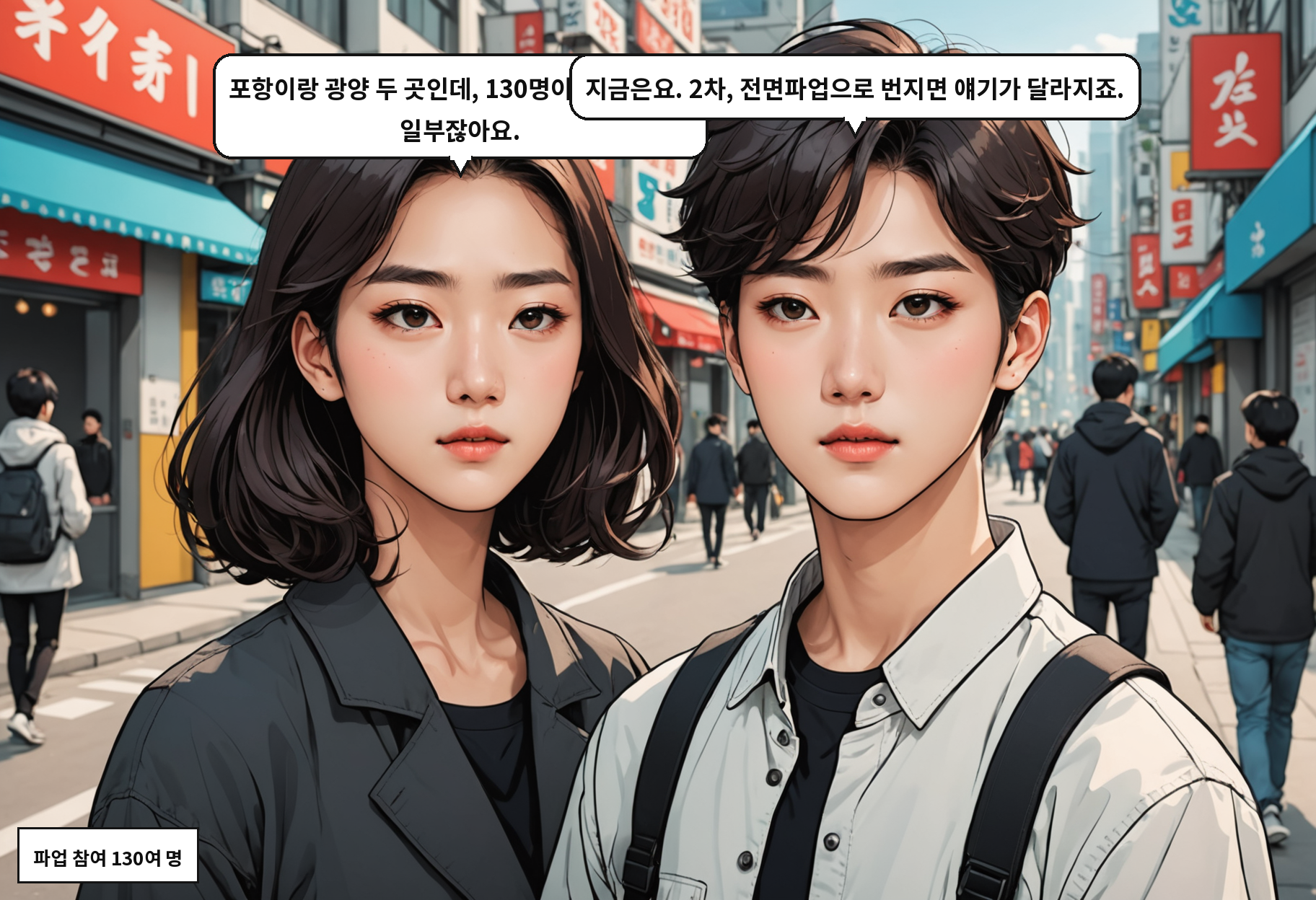A: 포항이랑 광양 두 곳인데, 130명이면 전체에서 일부잖아요. B: 지금은요. 2차, 전면파업으로 번지면 얘기가 달라지죠.