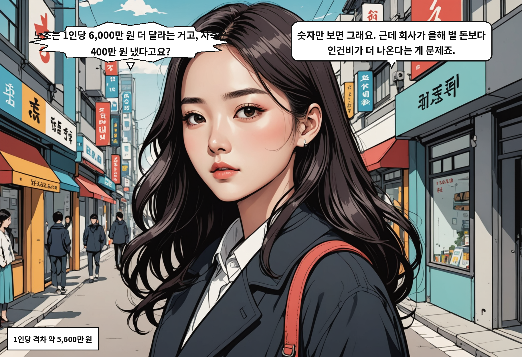 A: 노조는 1인당 6,000만 원 더 달라는 거고, 사측은 400만 원 냈다고요? B: 숫자만 보면 그래요. 근데 회사가 올해 벌 돈보다 인건비가 더 나온다는 게 문제죠.