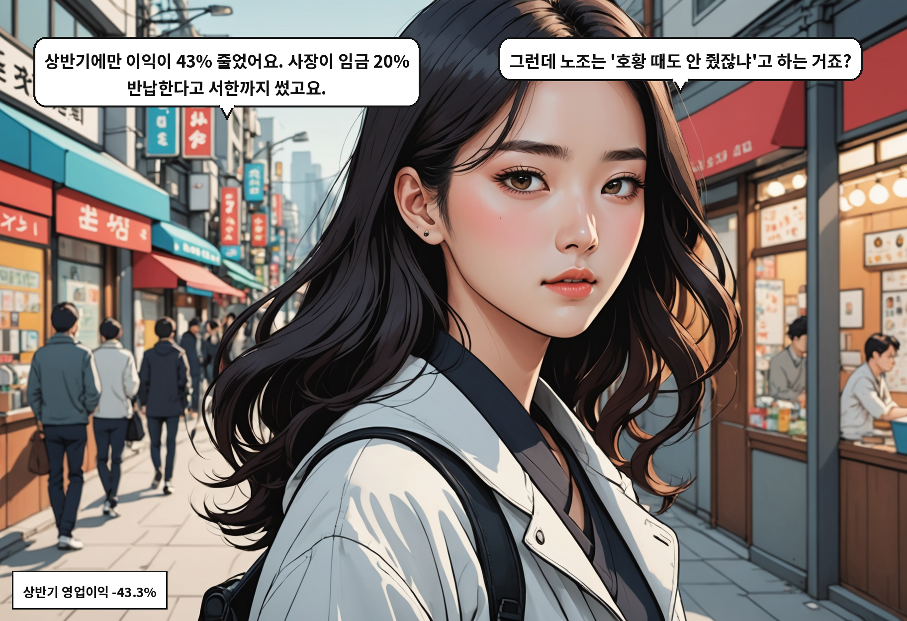 B: 상반기에만 이익이 43% 줄었어요. 사장이 임금 20% 반납한다고 서한까지 썼고요. A: 그런데 노조는 '호황 때도 안 줬잖냐'고 하는 거죠?
