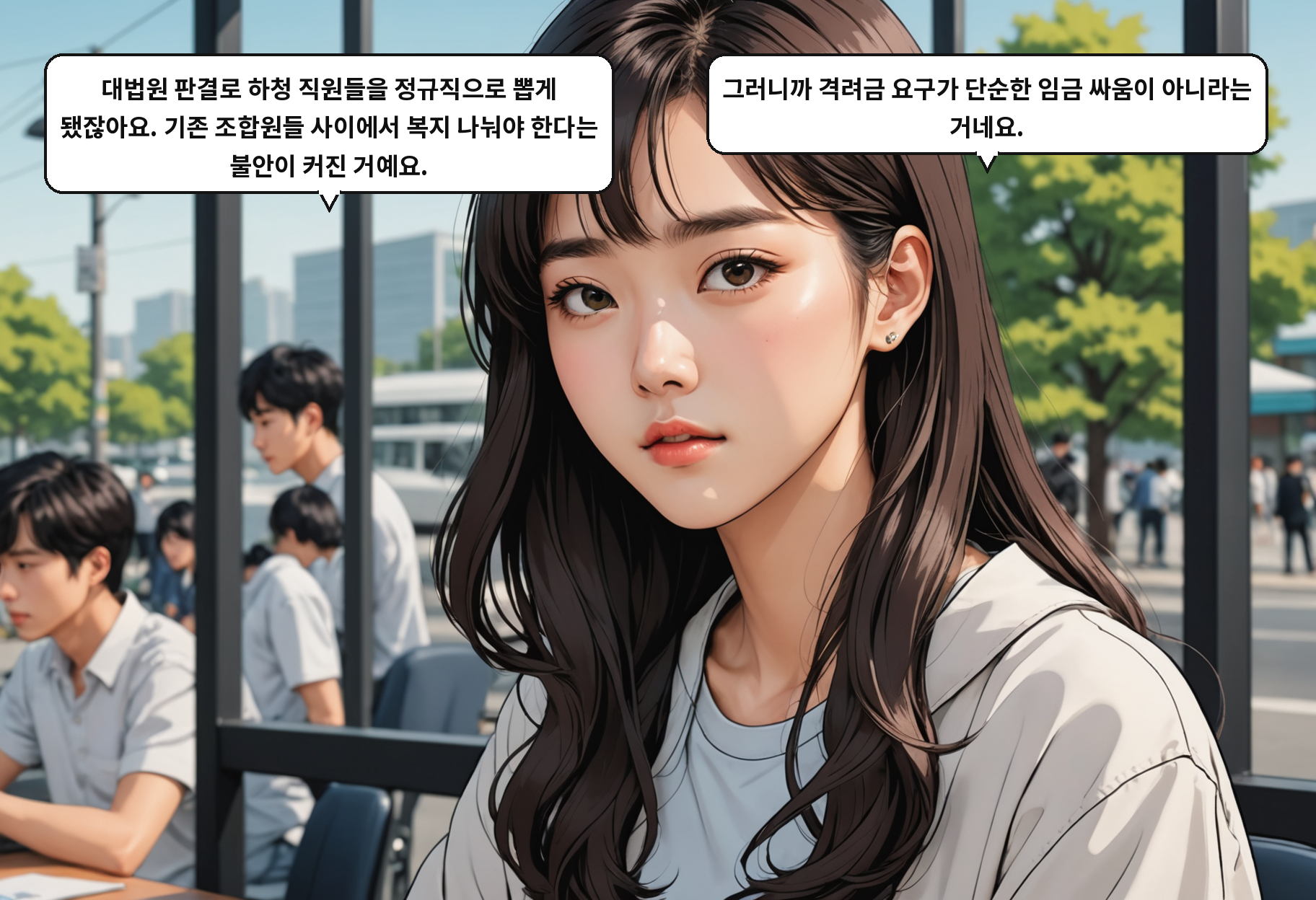 B: 대법원 판결로 하청 직원들을 정규직으로 뽑게 됐잖아요. 기존 조합원들 사이에서 복지 나눠야 한다는 불안이 커진 거예요. A: 그러니까 격려금 요구가 단순한 임금 싸움이 아니라는 거네요.