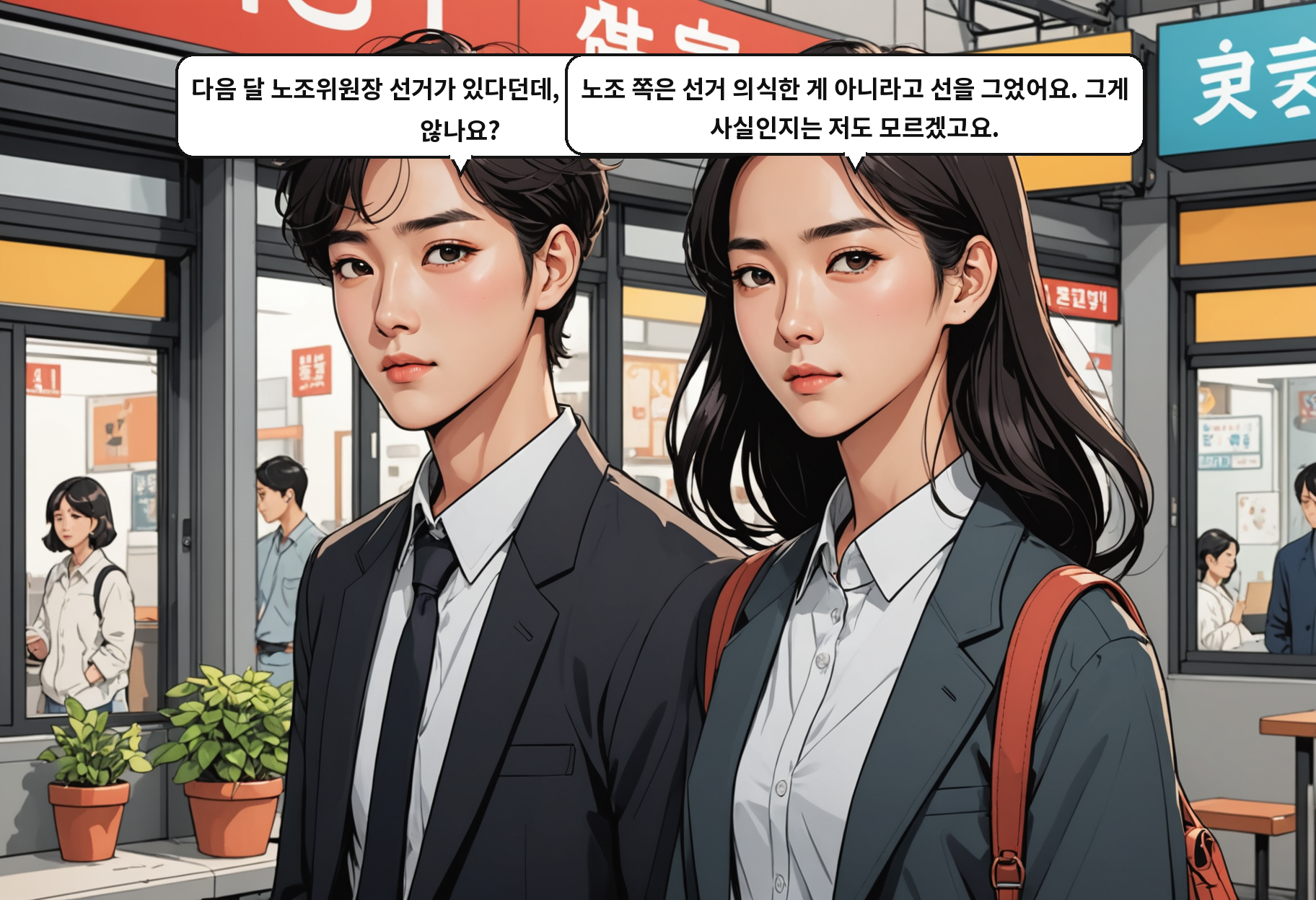 A: 다음 달 노조위원장 선거가 있다던데, 타이밍이 묘하지 않나요? B: 노조 쪽은 선거 의식한 게 아니라고 선을 그었어요. 그게 사실인지는 저도 모르겠고요.