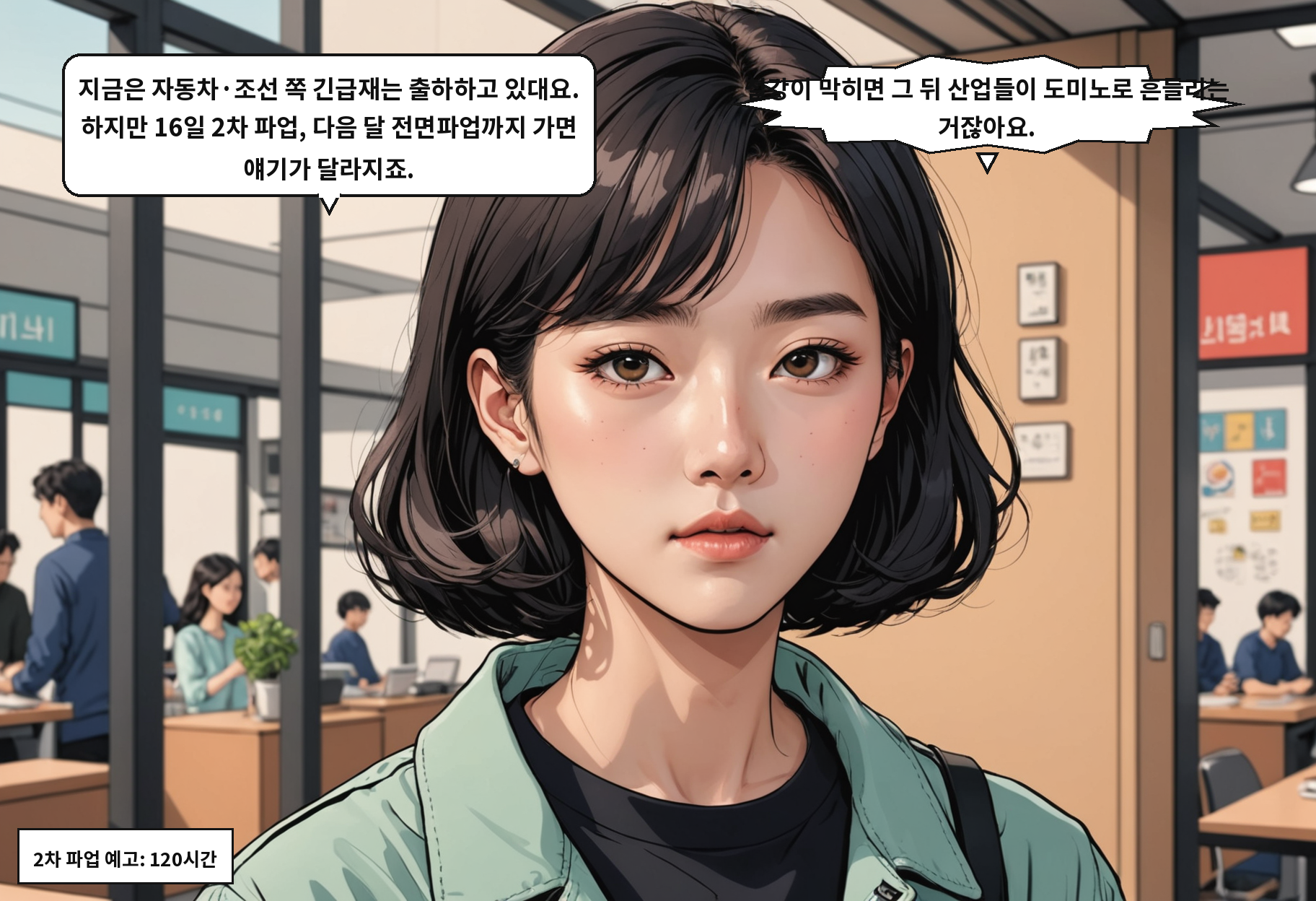 B: 지금은 자동차·조선 쪽 긴급재는 출하하고 있대요. 하지만 16일 2차 파업, 다음 달 전면파업까지 가면 얘기가 달라지죠. A: 철강이 막히면 그 뒤 산업들이 도미노로 흔들리는 거잖아요.