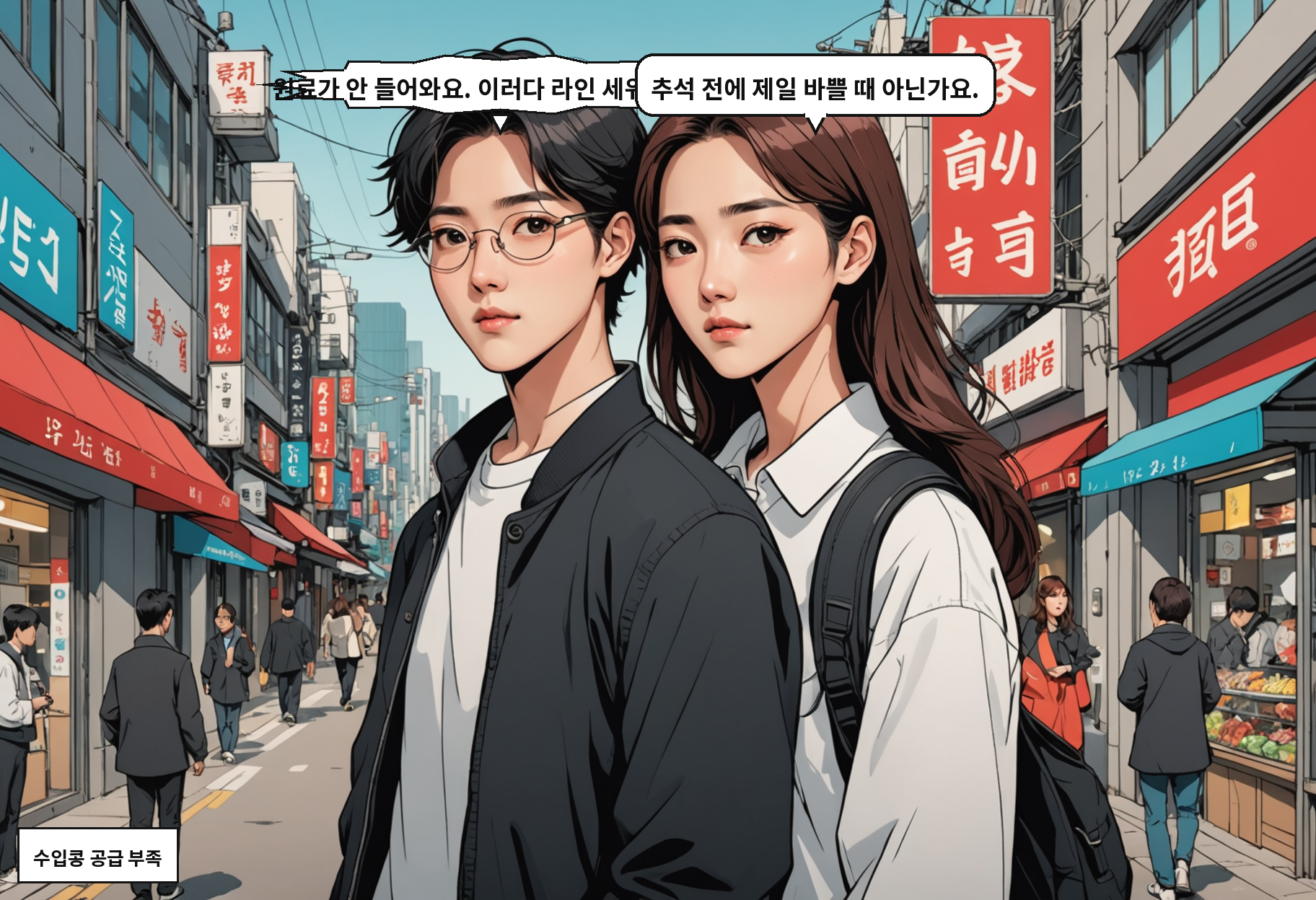 A: 원료가 안 들어와요. 이러다 라인 세워야 해요. B: 추석 전에 제일 바쁠 때 아닌가요.