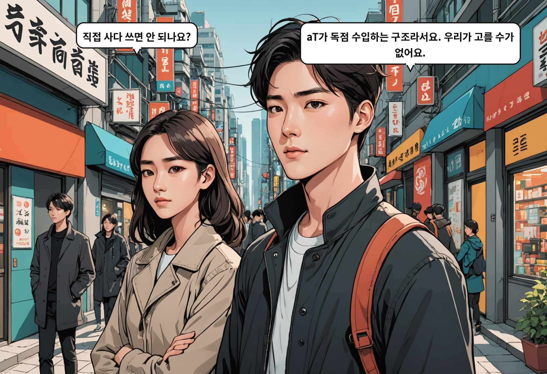 B: 직접 사다 쓰면 안 되나요? A: aT가 독점 수입하는 구조라서요. 우리가 고를 수가 없어요.