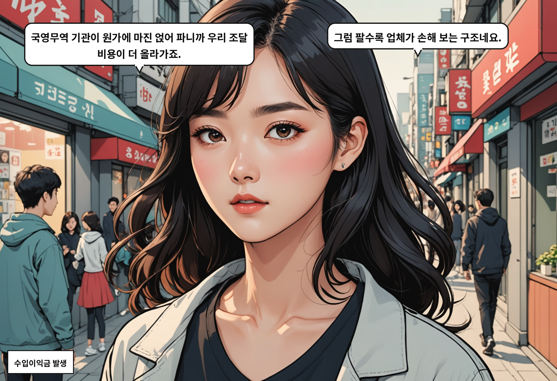 A: 국영무역 기관이 원가에 마진 얹어 파니까 우리 조달 비용이 더 올라가죠. B: 그럼 팔수록 업체가 손해 보는 구조네요.