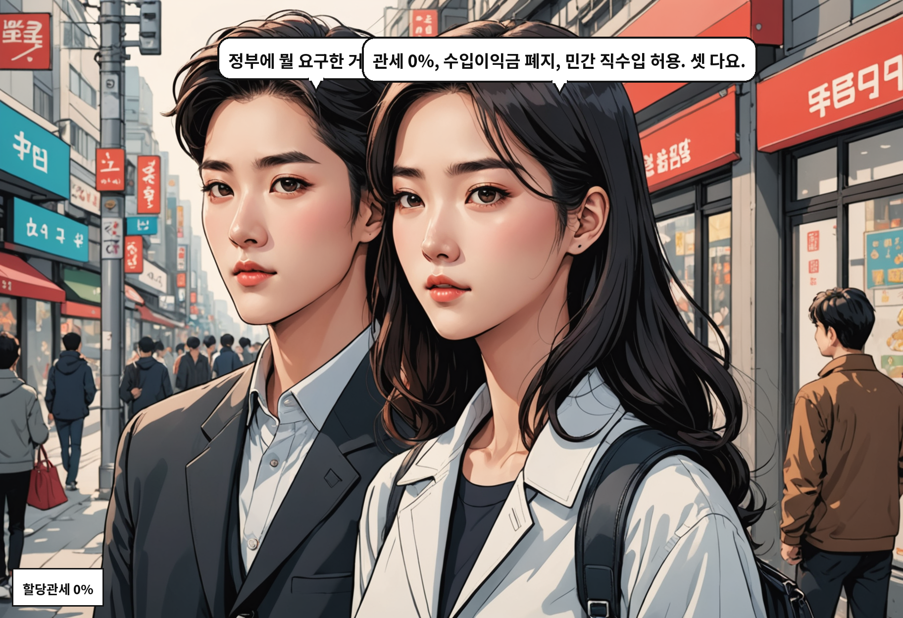 B: 정부에 뭘 요구한 거예요? A: 관세 0%, 수입이익금 폐지, 민간 직수입 허용. 셋 다요.