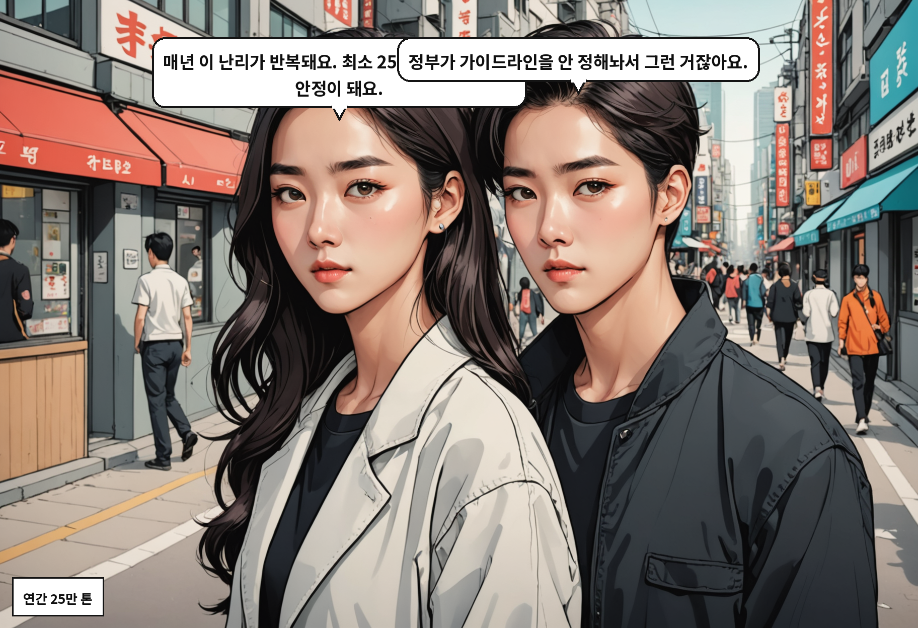 A: 매년 이 난리가 반복돼요. 최소 25만 톤은 들어와야 안정이 돼요. B: 정부가 가이드라인을 안 정해놔서 그런 거잖아요.