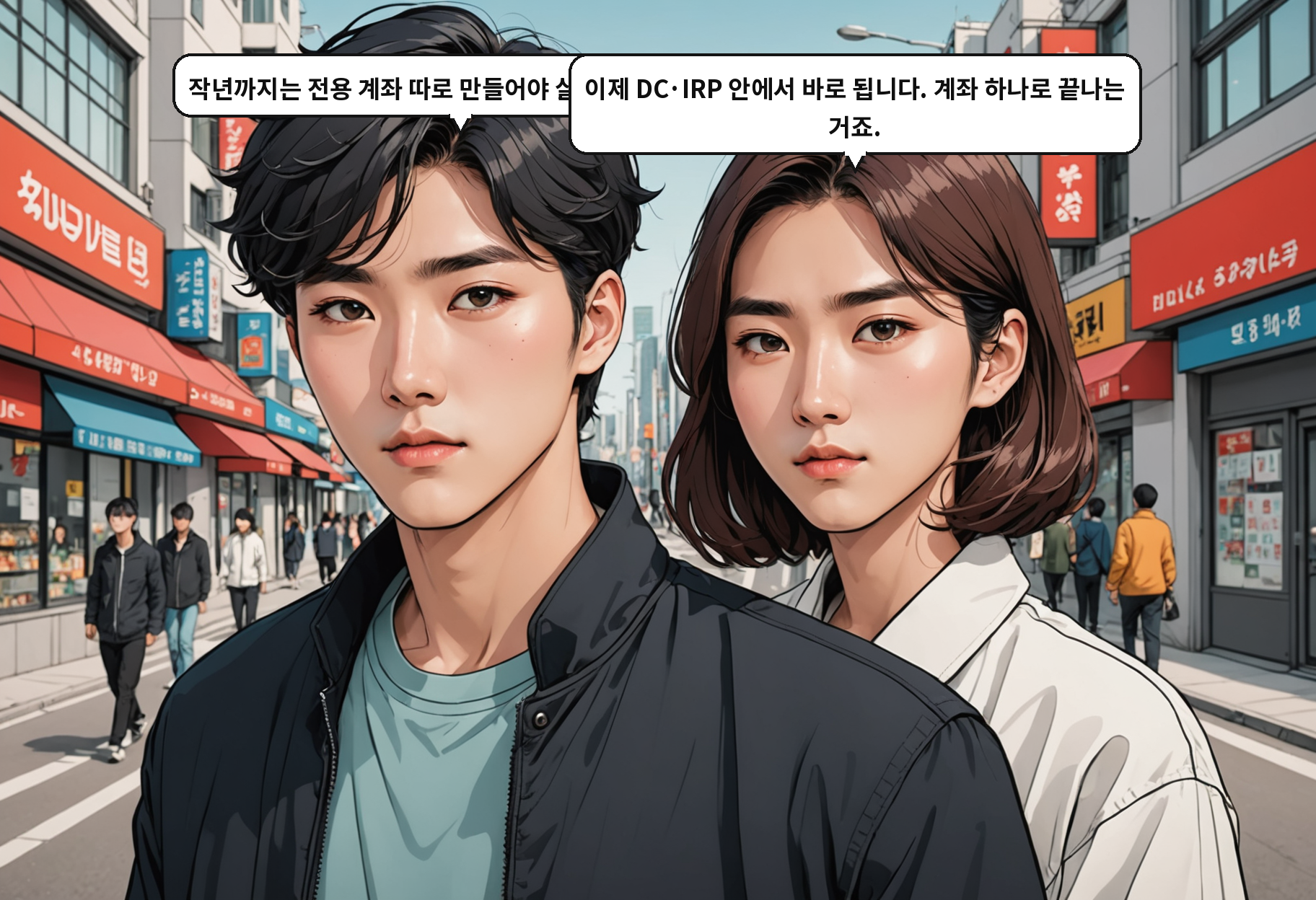 A: 작년까지는 전용 계좌 따로 만들어야 살 수 있었잖아요. B: 이제 DC·IRP 안에서 바로 됩니다. 계좌 하나로 끝나는 거죠.