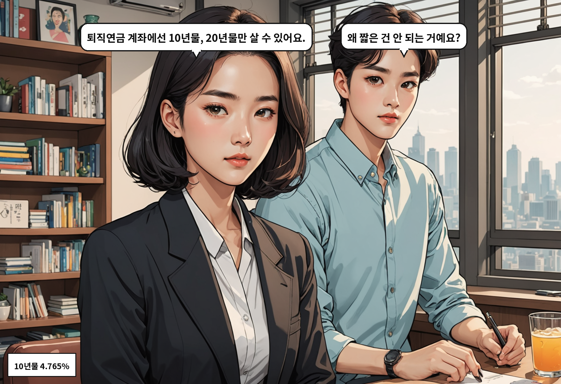 B: 퇴직연금 계좌에선 10년물, 20년물만 살 수 있어요. A: 왜 짧은 건 안 되는 거예요?