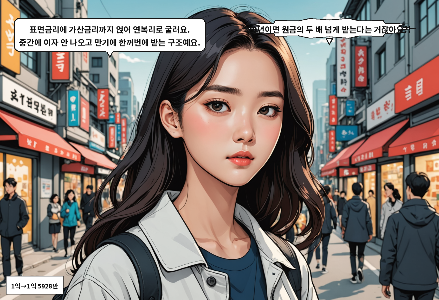 B: 표면금리에 가산금리까지 얹어 연복리로 굴러요. 중간에 이자 안 나오고 만기에 한꺼번에 받는 구조예요. A: 20년이면 원금의 두 배 넘게 받는다는 거잖아요?!