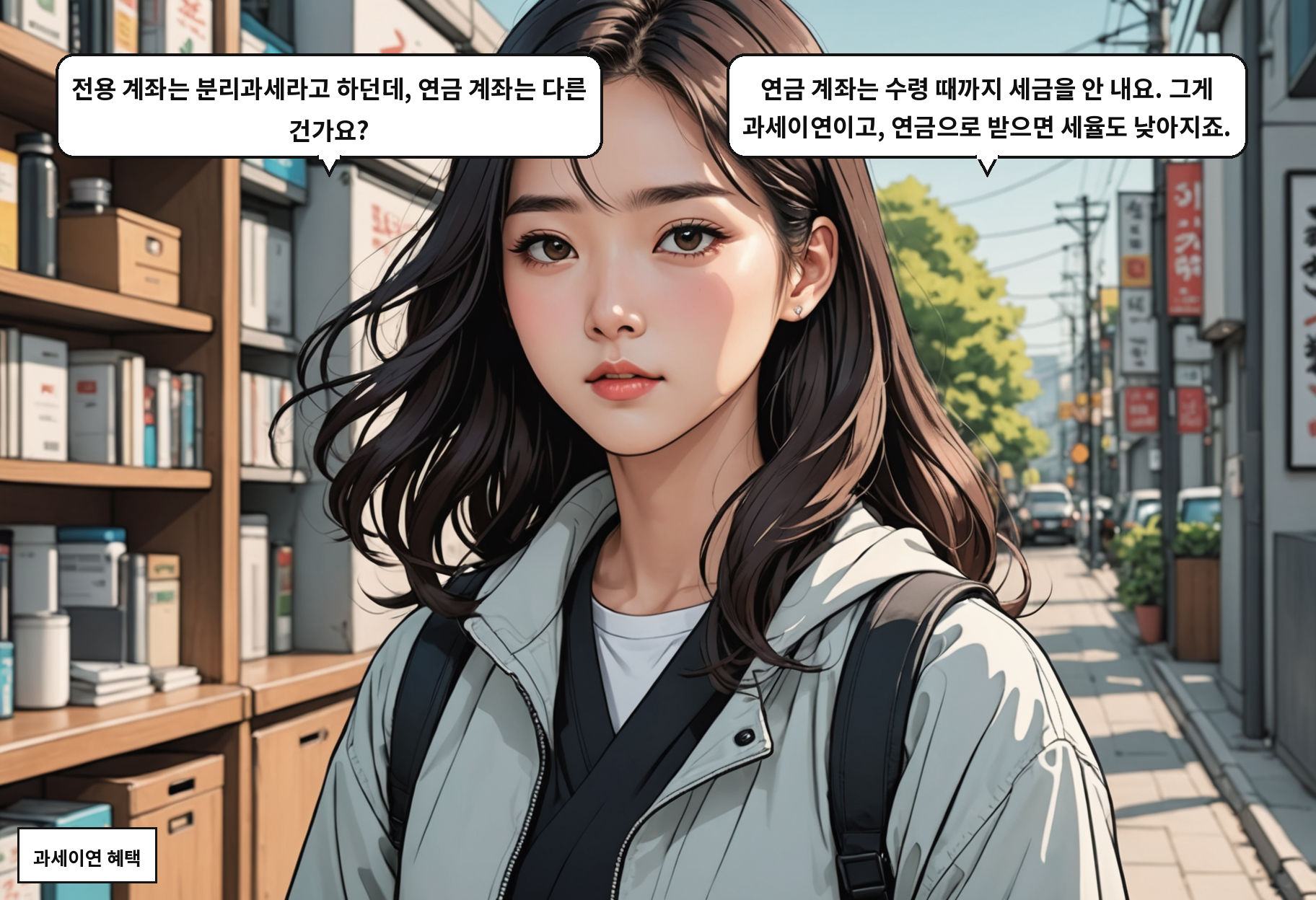 A: 전용 계좌는 분리과세라고 하던데, 연금 계좌는 다른 건가요? B: 연금 계좌는 수령 때까지 세금을 안 내요. 그게 과세이연이고, 연금으로 받으면 세율도 낮아지죠.