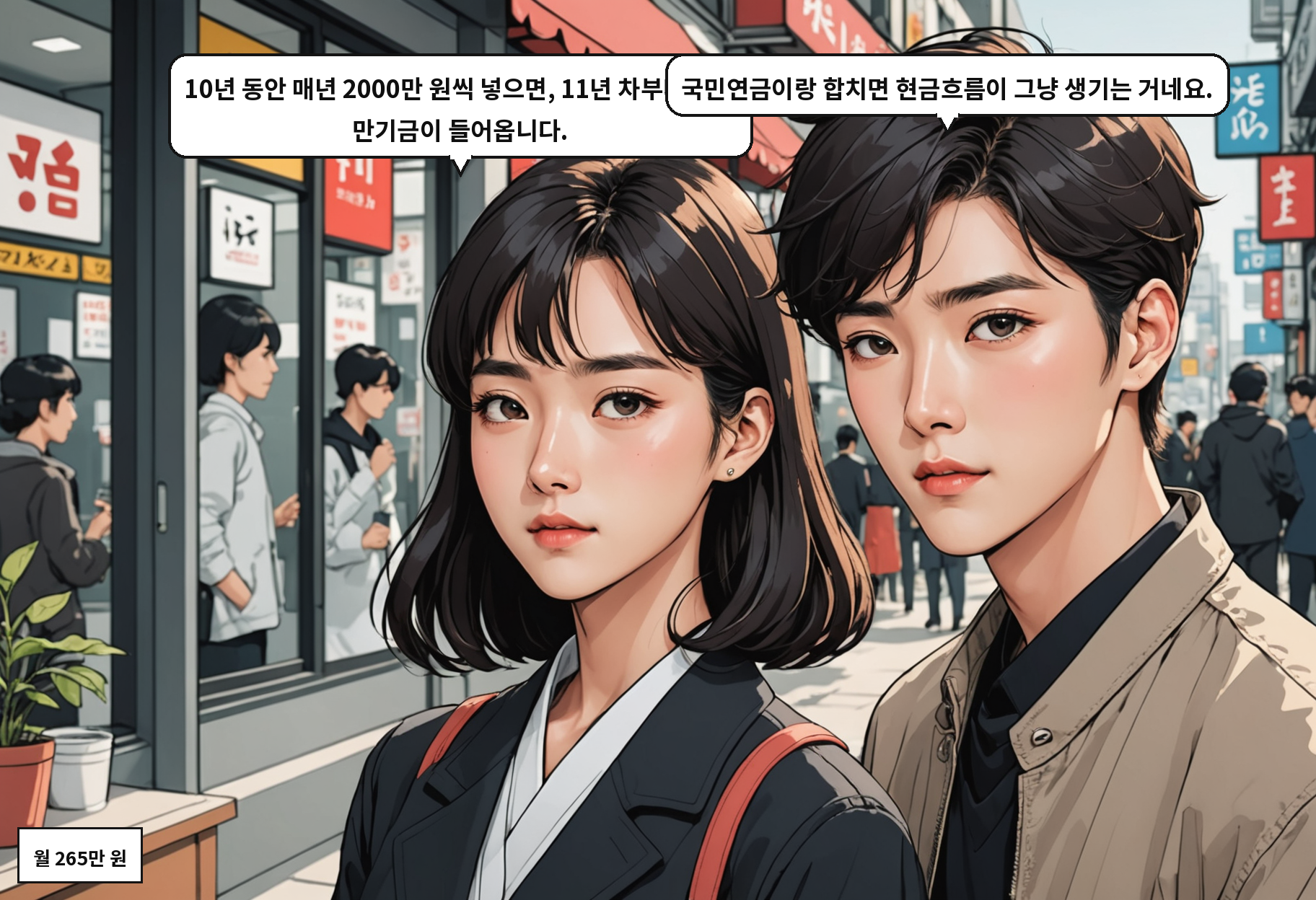B: 10년 동안 매년 2000만 원씩 넣으면, 11년 차부터 매년 만기금이 들어옵니다. A: 국민연금이랑 합치면 현금흐름이 그냥 생기는 거네요.
