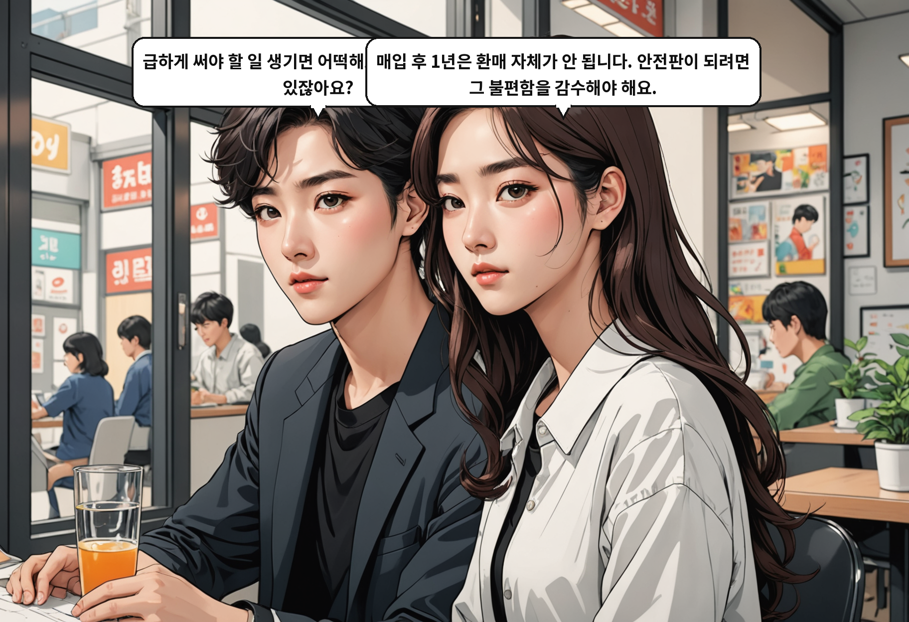 A: 급하게 써야 할 일 생기면 어떡해요? 중간에 팔 수는 있잖아요? B: 매입 후 1년은 환매 자체가 안 됩니다. 안전판이 되려면 그 불편함을 감수해야 해요.