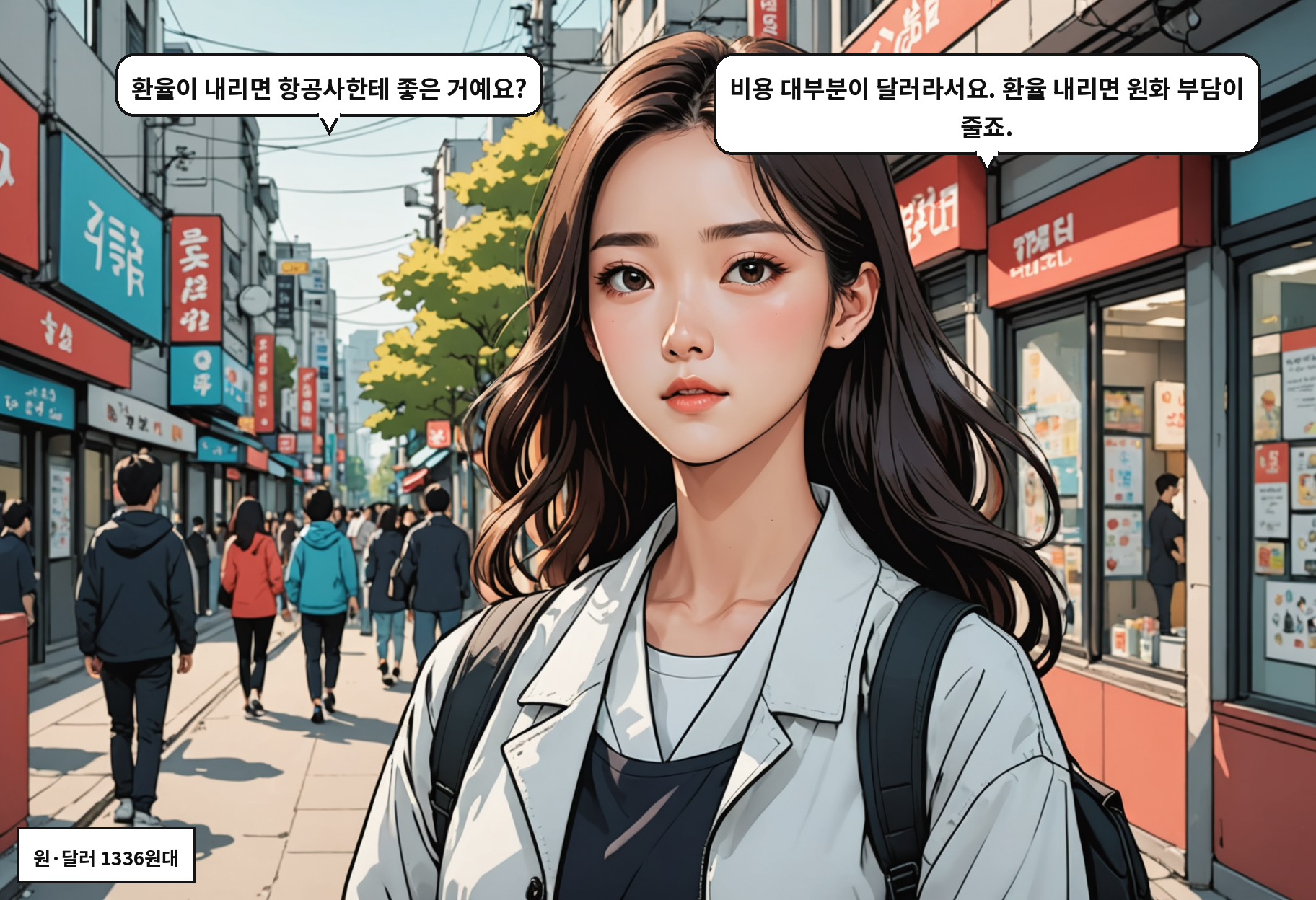 B: 환율이 내리면 항공사한테 좋은 거예요? A: 비용 대부분이 달러라서요. 환율 내리면 원화 부담이 줄죠.