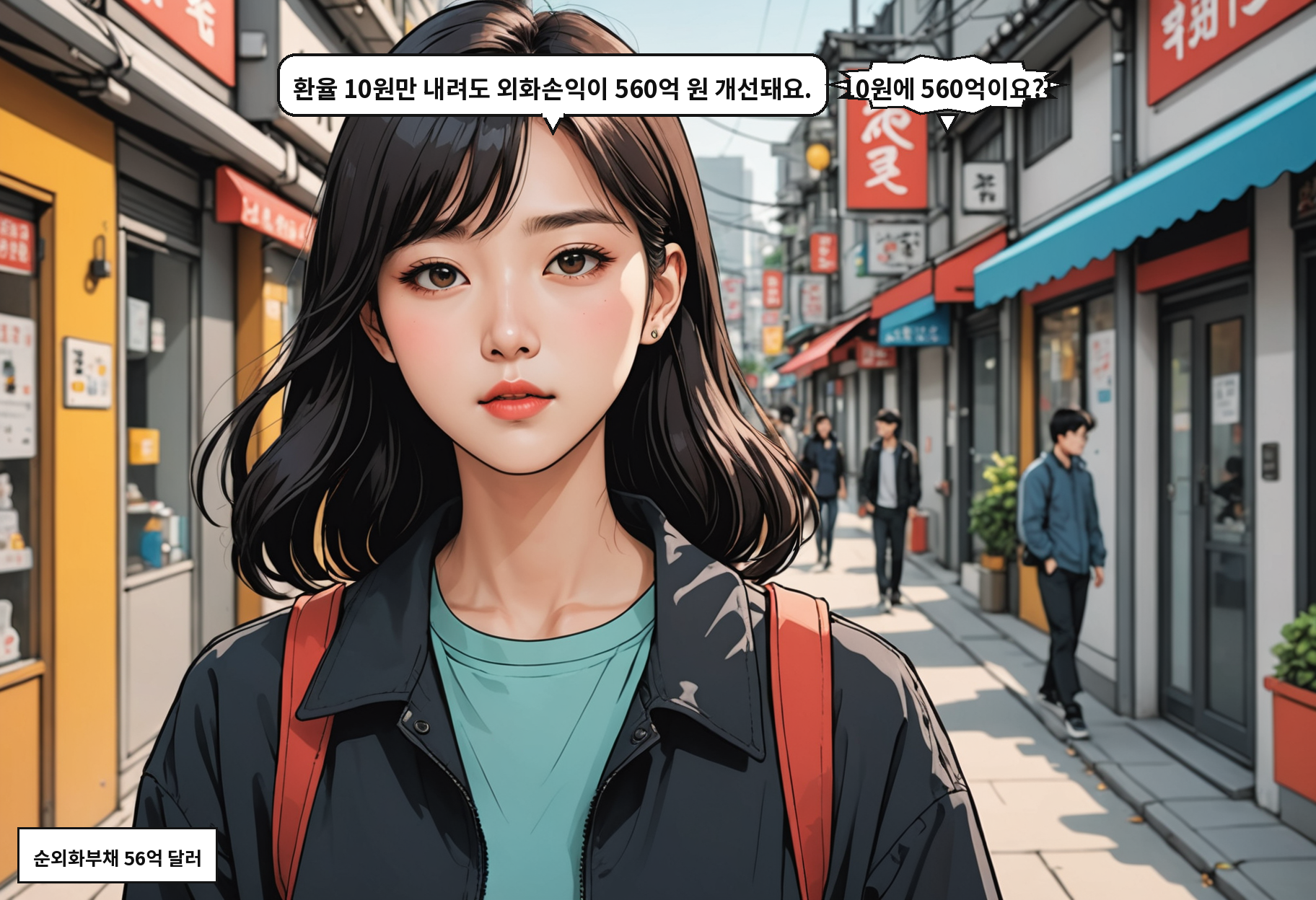 A: 환율 10원만 내려도 외화손익이 560억 원 개선돼요. B: 10원에 560억이요?!