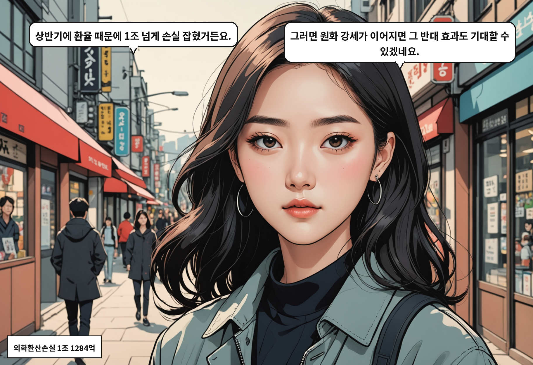 A: 상반기에 환율 때문에 1조 넘게 손실 잡혔거든요. B: 그러면 원화 강세가 이어지면 그 반대 효과도 기대할 수 있겠네요.