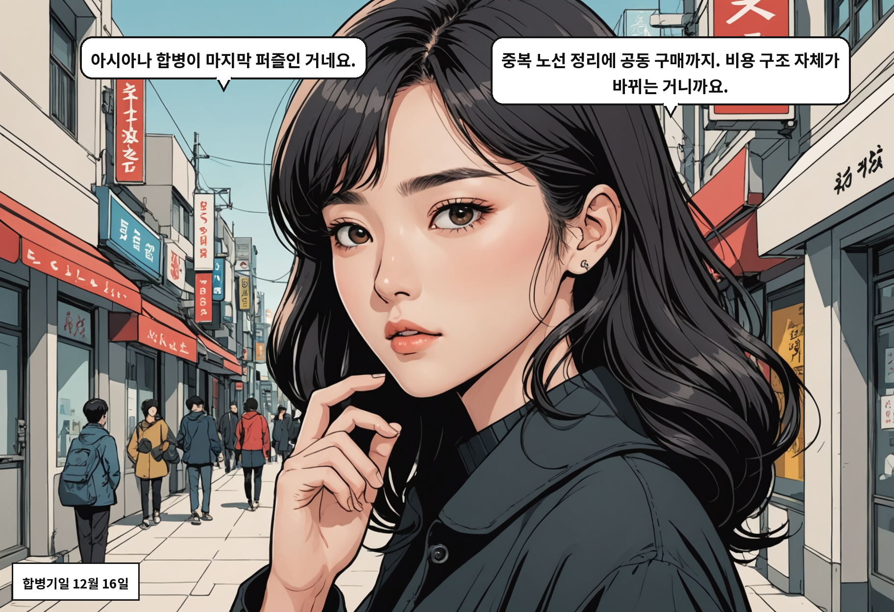 B: 아시아나 합병이 마지막 퍼즐인 거네요. A: 중복 노선 정리에 공동 구매까지. 비용 구조 자체가 바뀌는 거니까요.