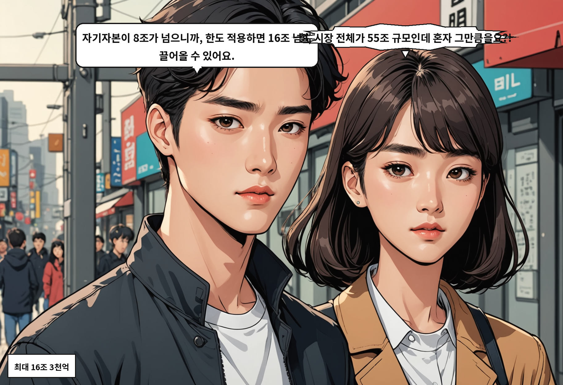A: 자기자본이 8조가 넘으니까, 한도 적용하면 16조 넘게 끌어올 수 있어요. B: 헐, 시장 전체가 55조 규모인데 혼자 그만큼을요?!