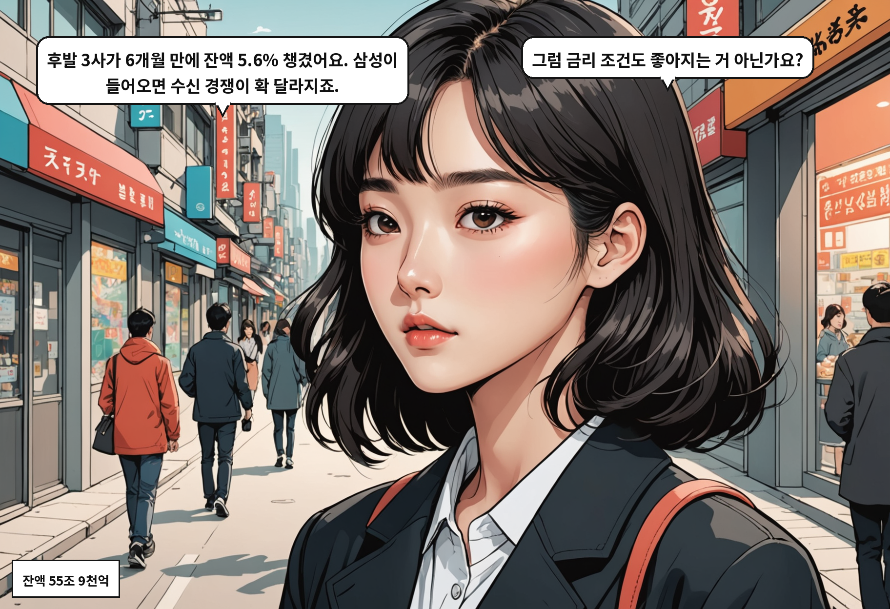 A: 후발 3사가 6개월 만에 잔액 5.6% 챙겼어요. 삼성이 들어오면 수신 경쟁이 확 달라지죠. B: 그럼 금리 조건도 좋아지는 거 아닌가요?