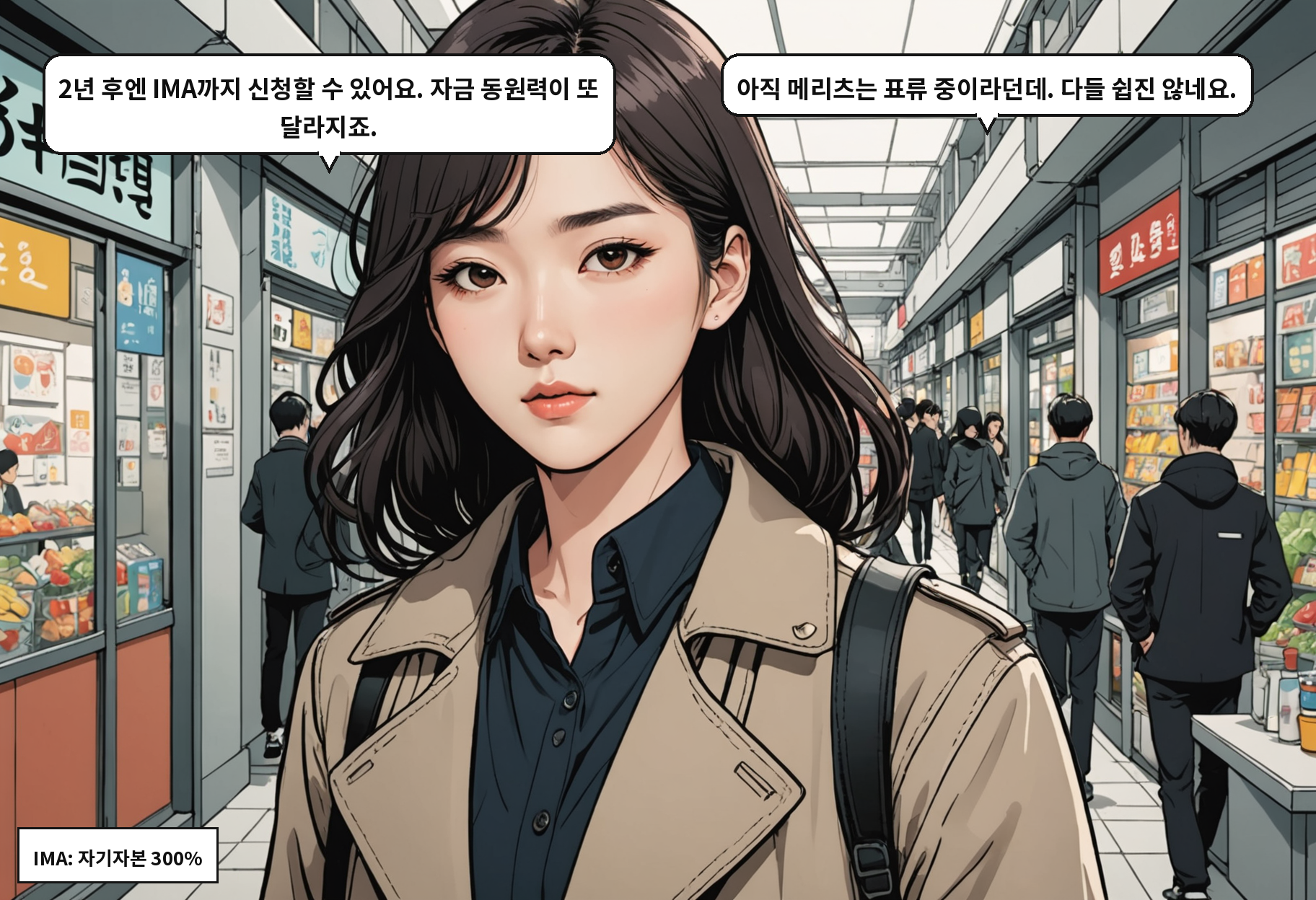 A: 2년 후엔 IMA까지 신청할 수 있어요. 자금 동원력이 또 달라지죠. B: 아직 메리츠는 표류 중이라던데. 다들 쉽진 않네요.