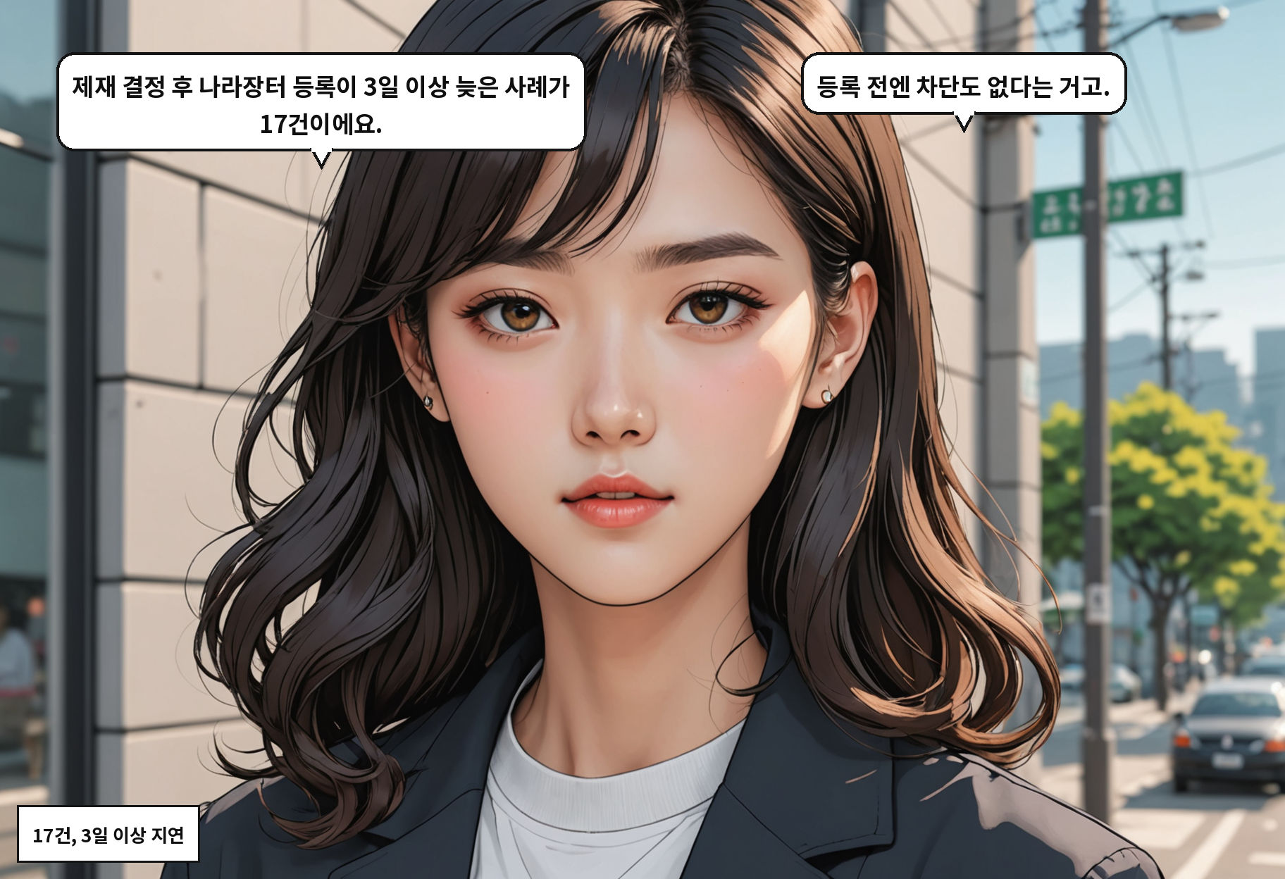 A: 제재 결정 후 나라장터 등록이 3일 이상 늦은 사례가 17건이에요. B: 등록 전엔 차단도 없다는 거고.
