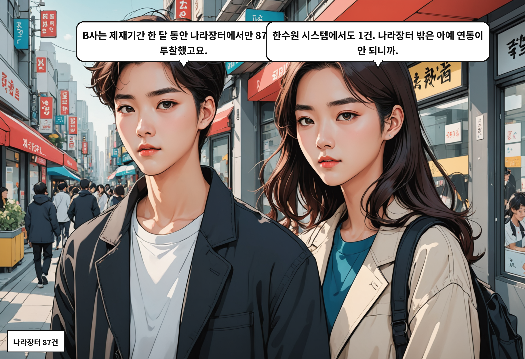 A: B사는 제재기간 한 달 동안 나라장터에서만 87건에 투찰했고요. B: 한수원 시스템에서도 1건. 나라장터 밖은 아예 연동이 안 되니까.