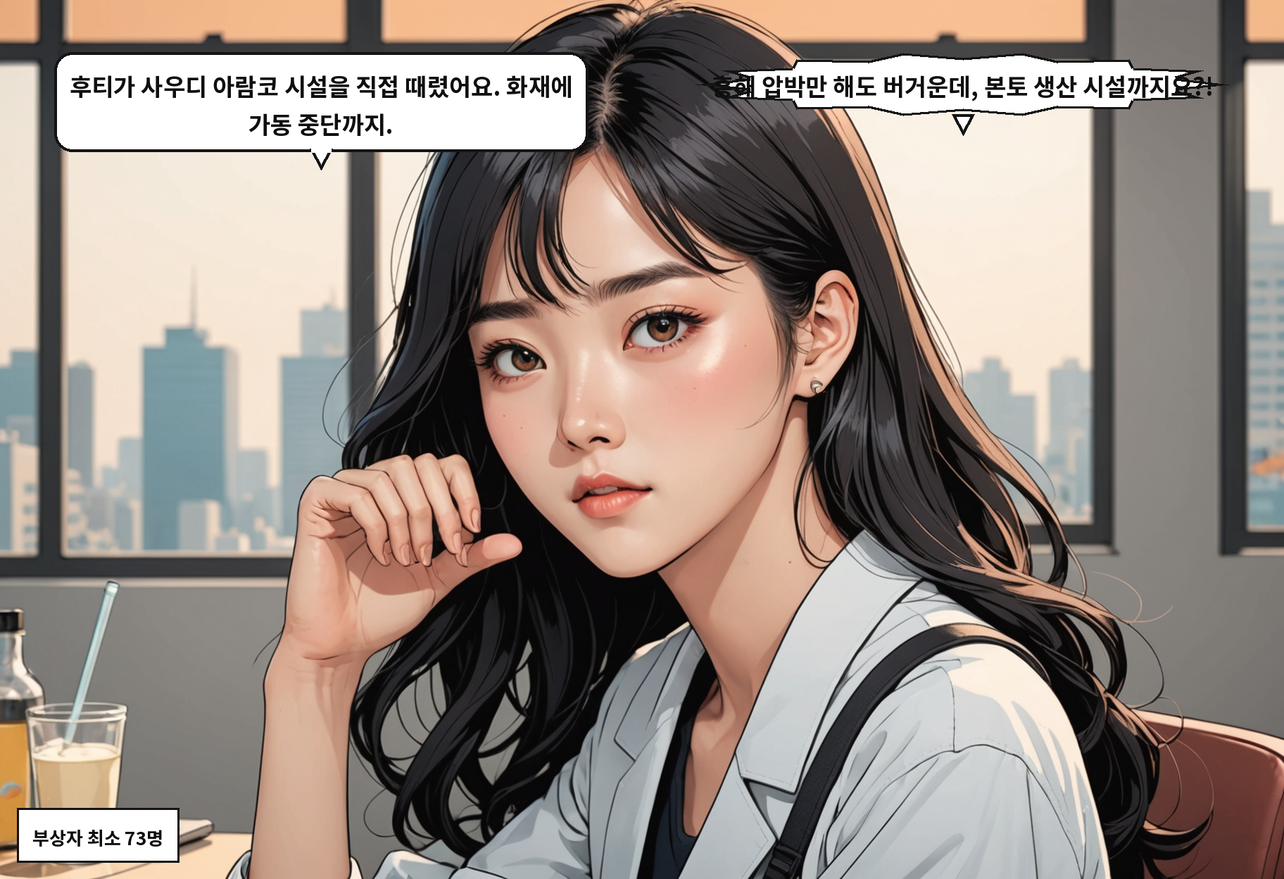 A: 후티가 사우디 아람코 시설을 직접 때렸어요. 화재에 가동 중단까지. B: 홍해 압박만 해도 버거운데, 본토 생산 시설까지요?!
