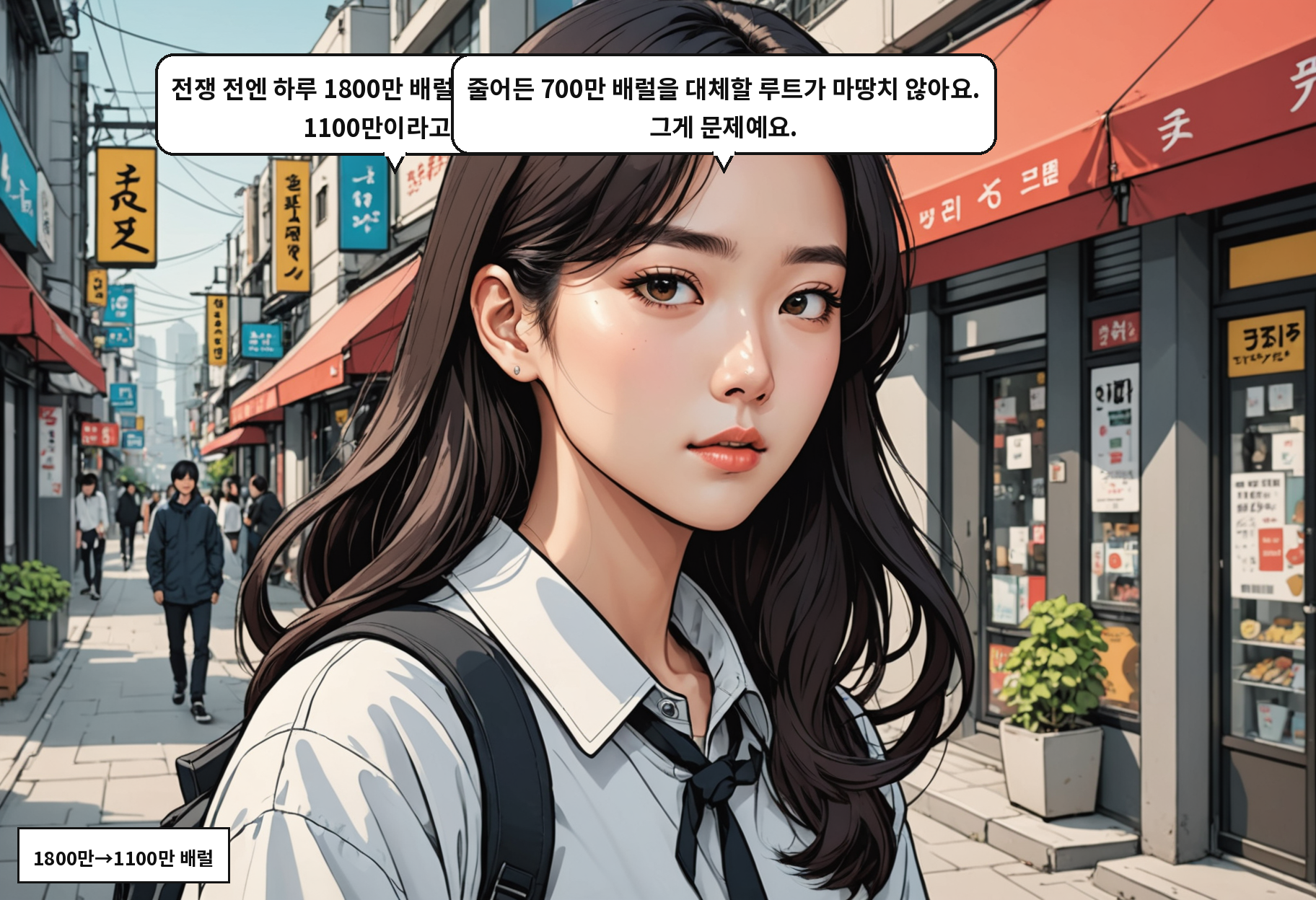 B: 전쟁 전엔 하루 1800만 배럴이었는데 지금은 1100만이라고요? A: 줄어든 700만 배럴을 대체할 루트가 마땅치 않아요. 그게 문제예요.