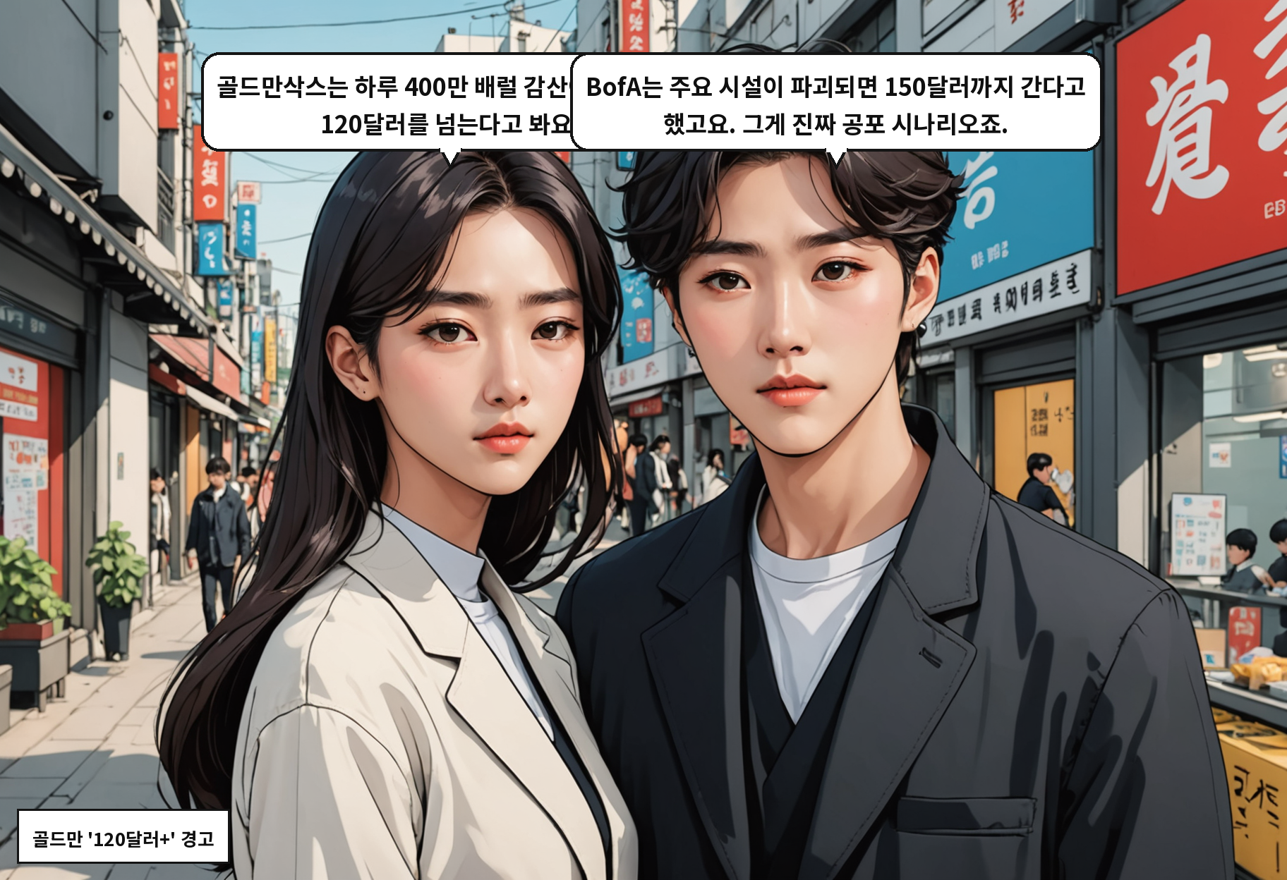 A: 골드만삭스는 하루 400만 배럴 감산이 유지되면 120달러를 넘는다고 봐요. B: BofA는 주요 시설이 파괴되면 150달러까지 간다고 했고요. 그게 진짜 공포 시나리오죠.