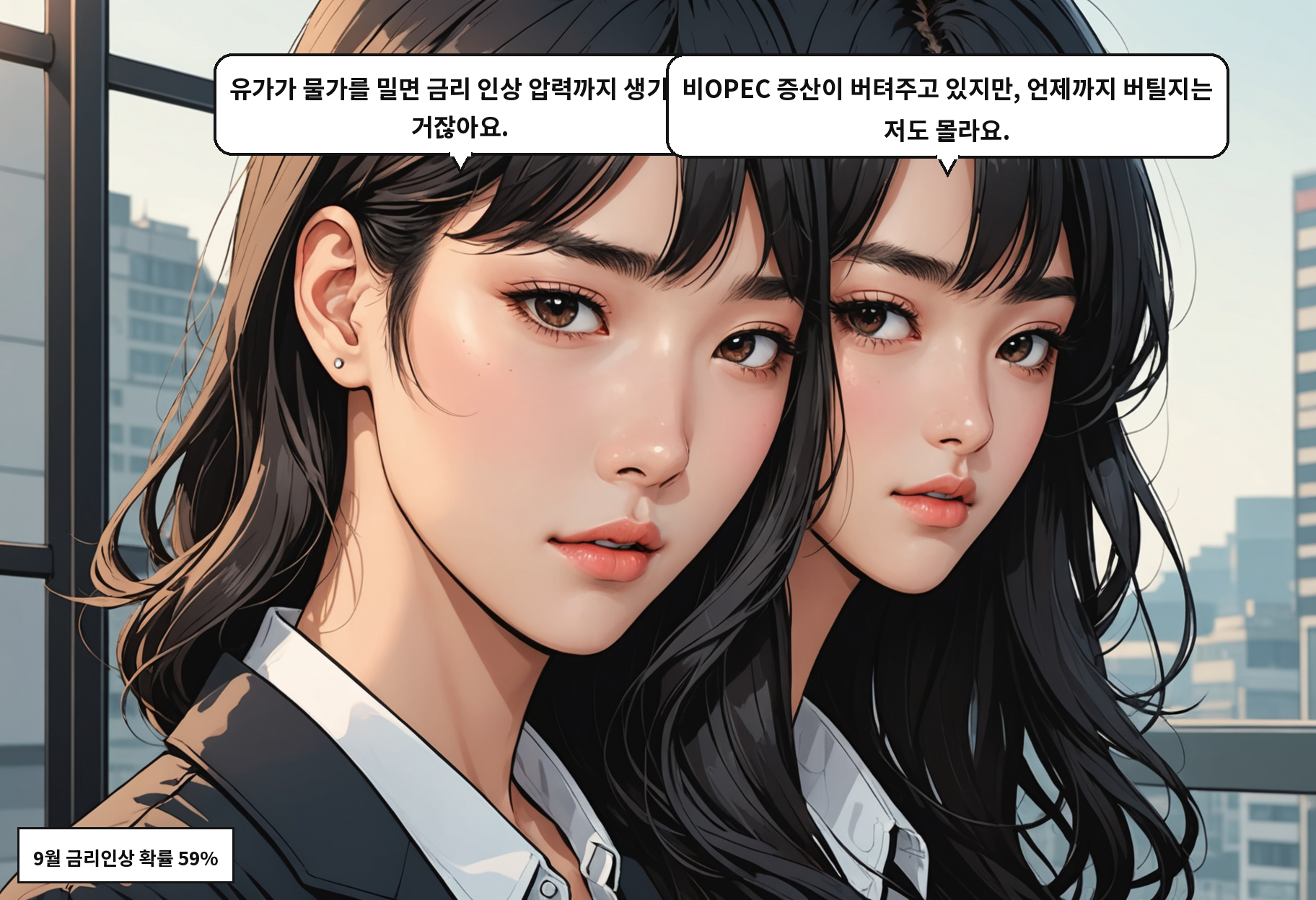 B: 유가가 물가를 밀면 금리 인상 압력까지 생기는 거잖아요. A: 비OPEC 증산이 버텨주고 있지만, 언제까지 버틸지는 저도 몰라요.